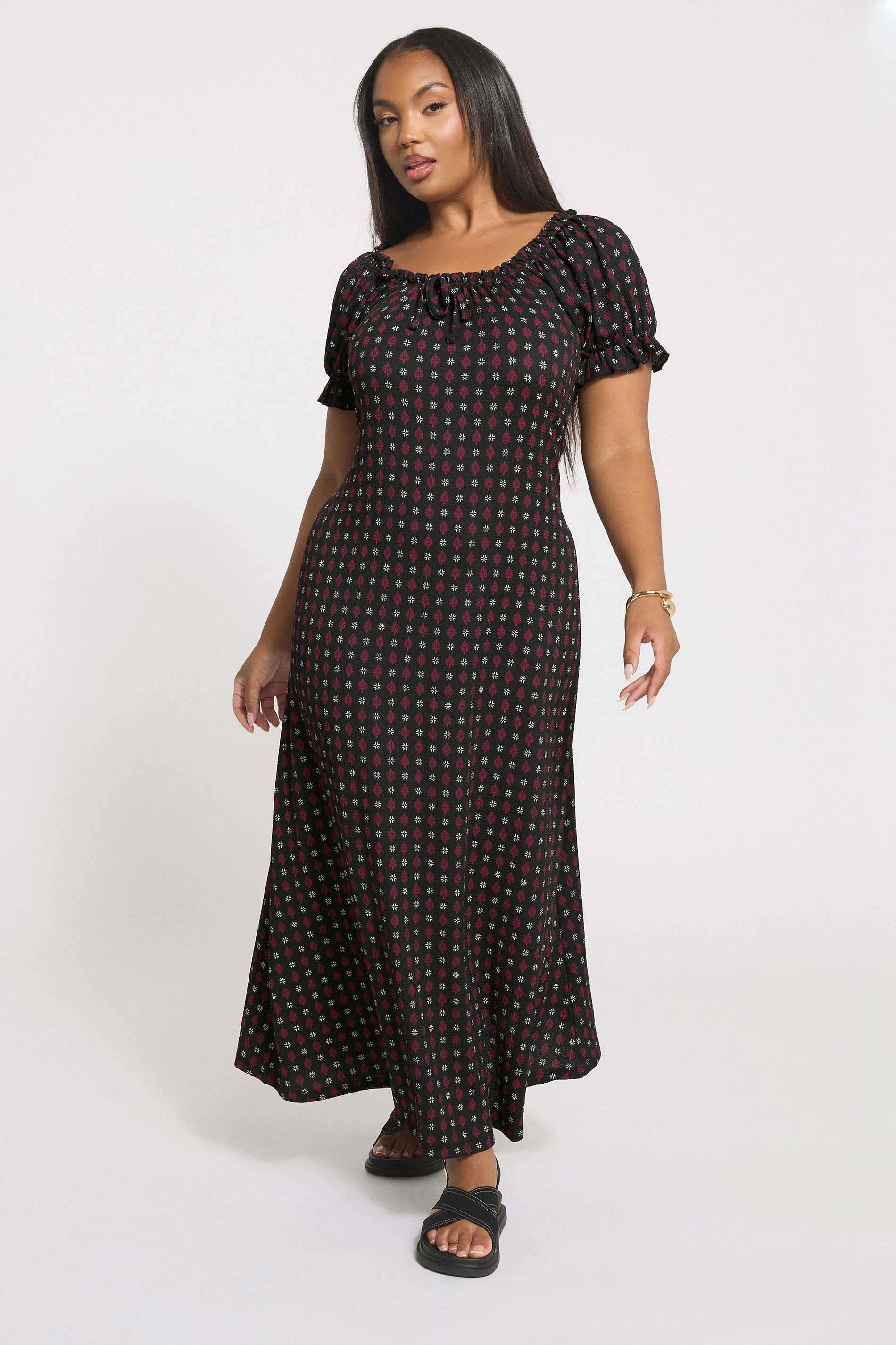 YOURS Plus Size Black Ditsy Textured Milkmaid Dress | Yours Clothing 3