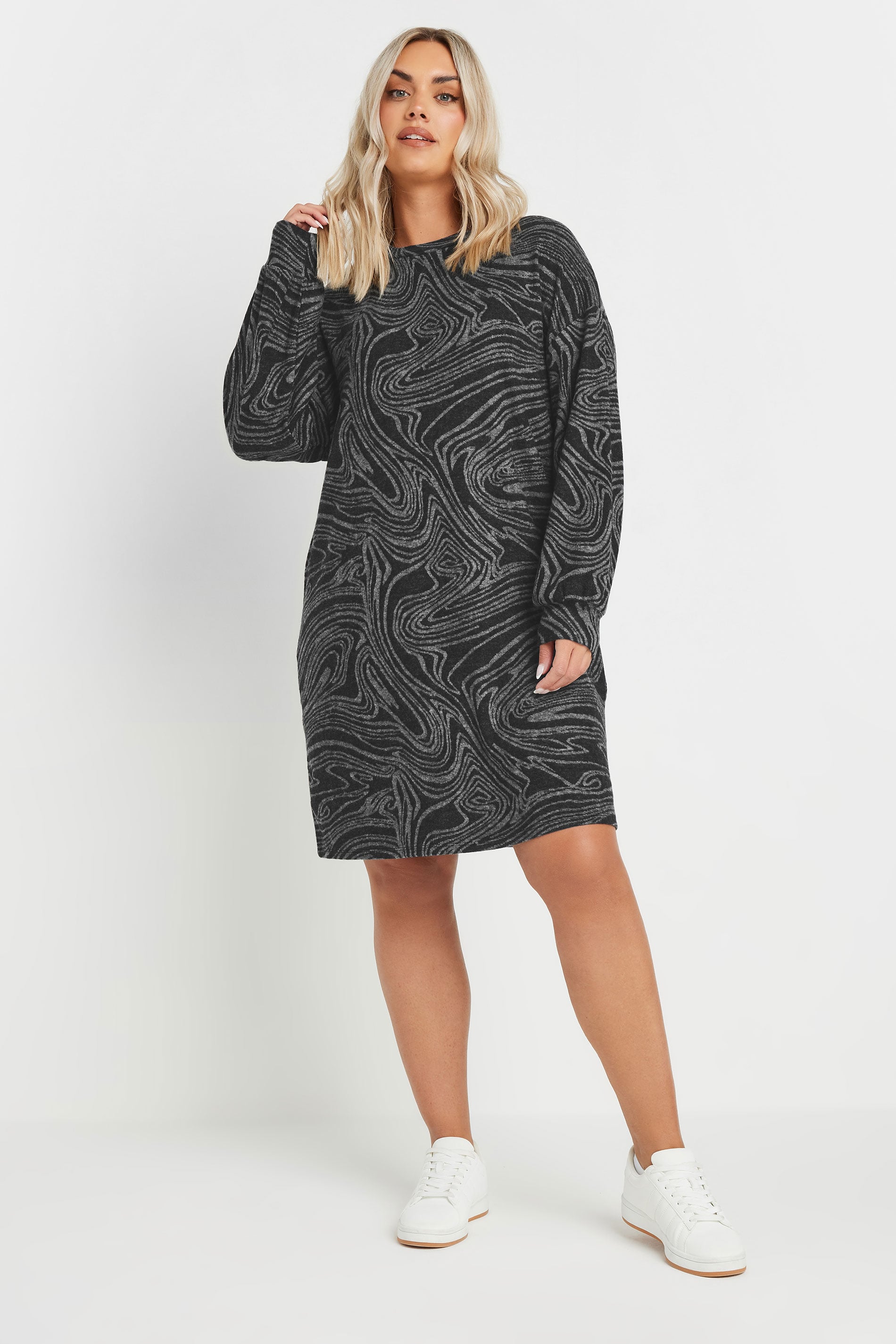 YOURS Plus Size Black Abstract Print Soft Touch Jumper Dress | Yours Clothing 1