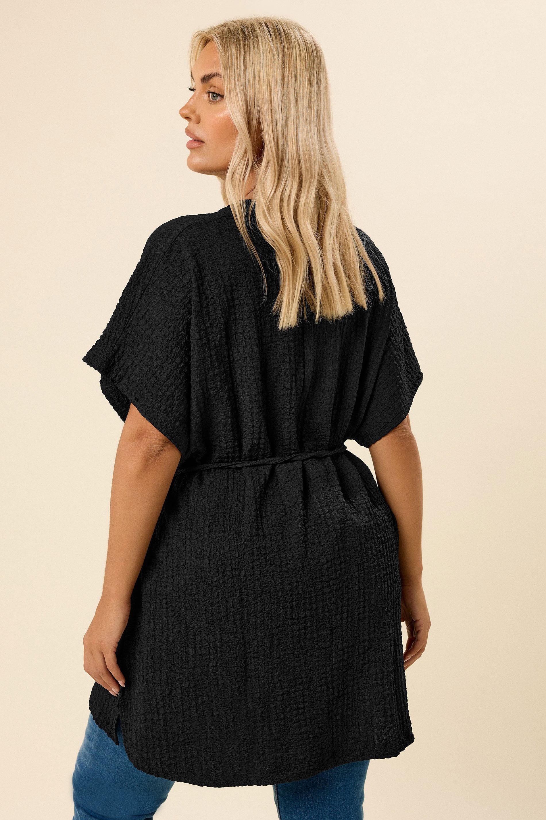 YOURS Plus Size Black Belted Textured Tunic Top | Yours Clothing 2