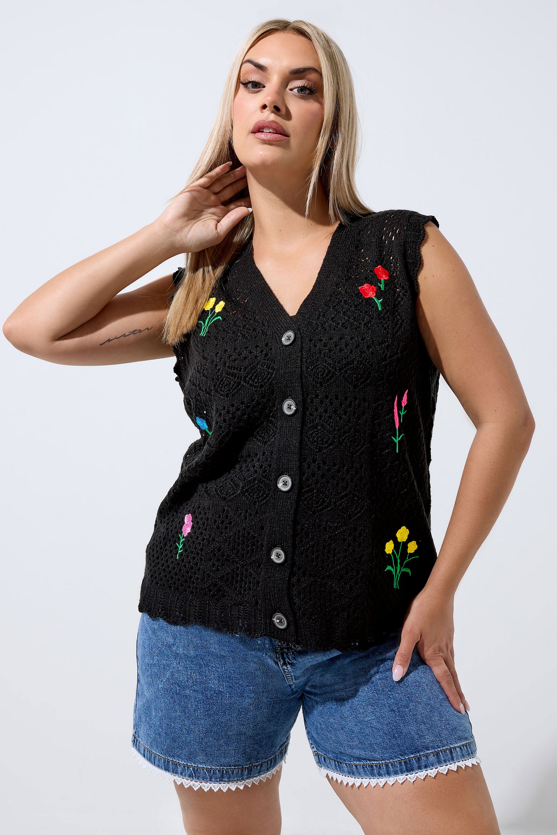 LIMITED COLLECTION Plus Size Black Floral Embroidered Knitted Waistcoat | Yours Clothing 3
