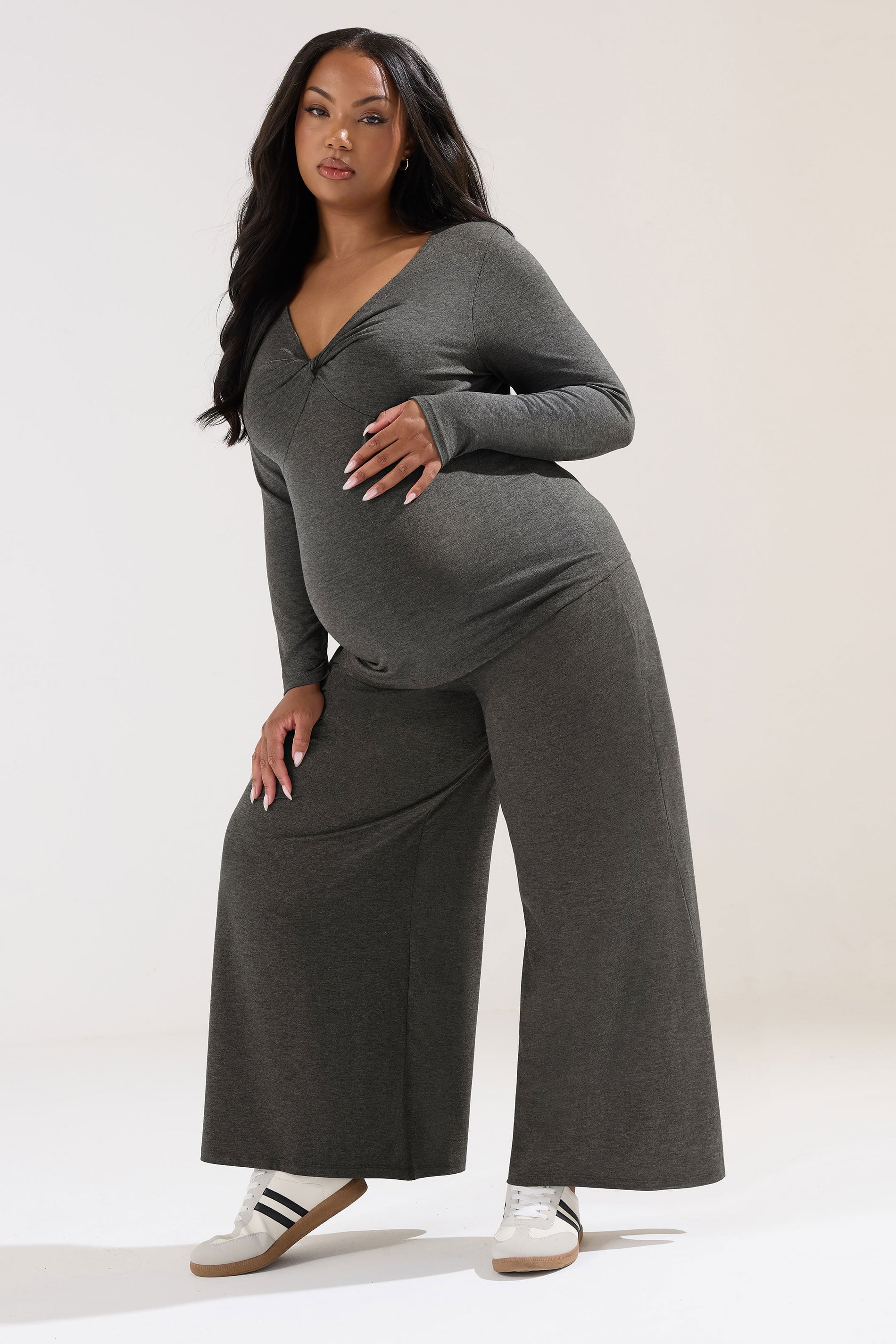 BUMP IT UP MATERNITY Plus Size Charcoal Grey Extra Wide Leg Trousers | Yours Clothing 1