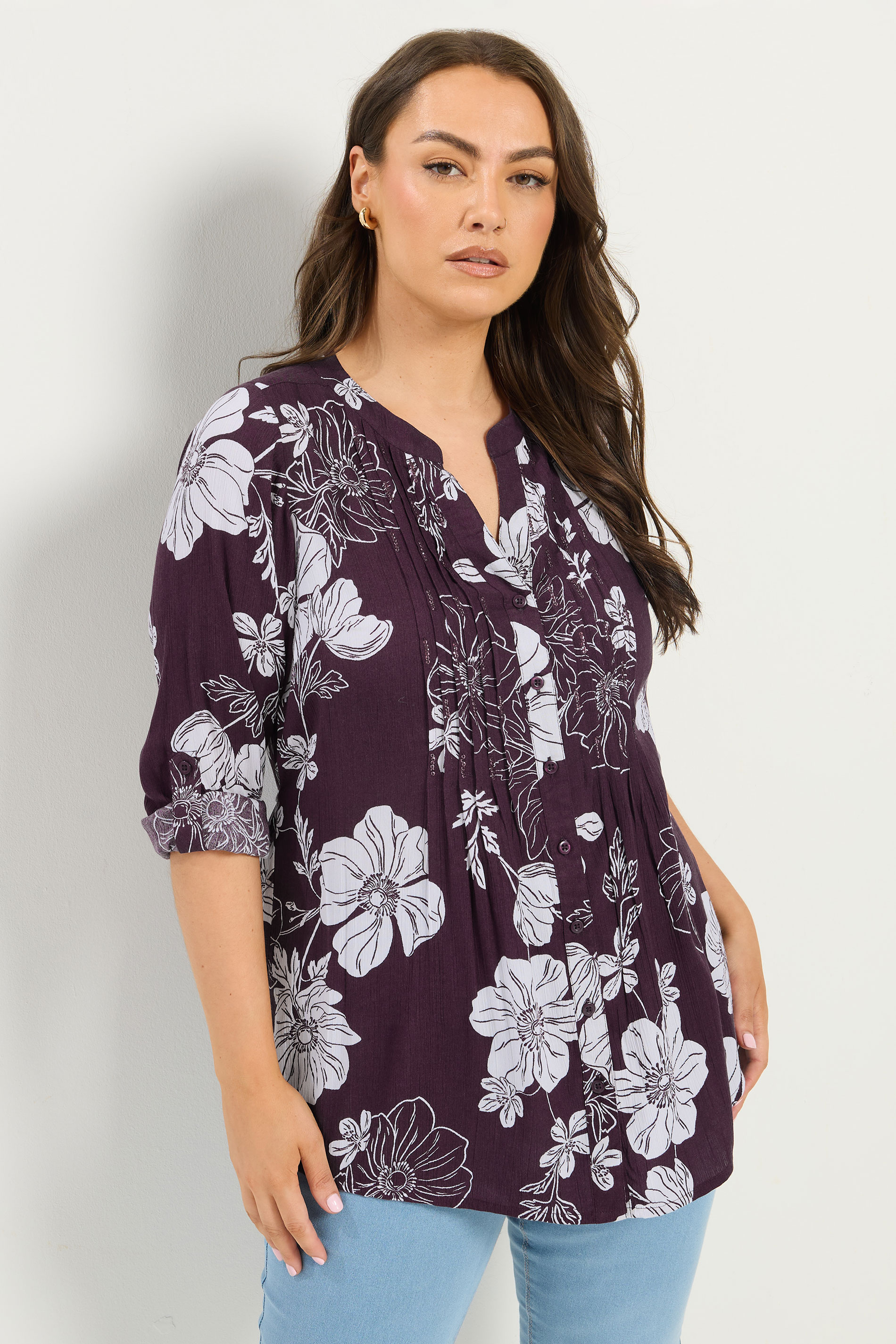 YOURS Plus Size Purple Floral Pintuck Top | Yours Clothing 3