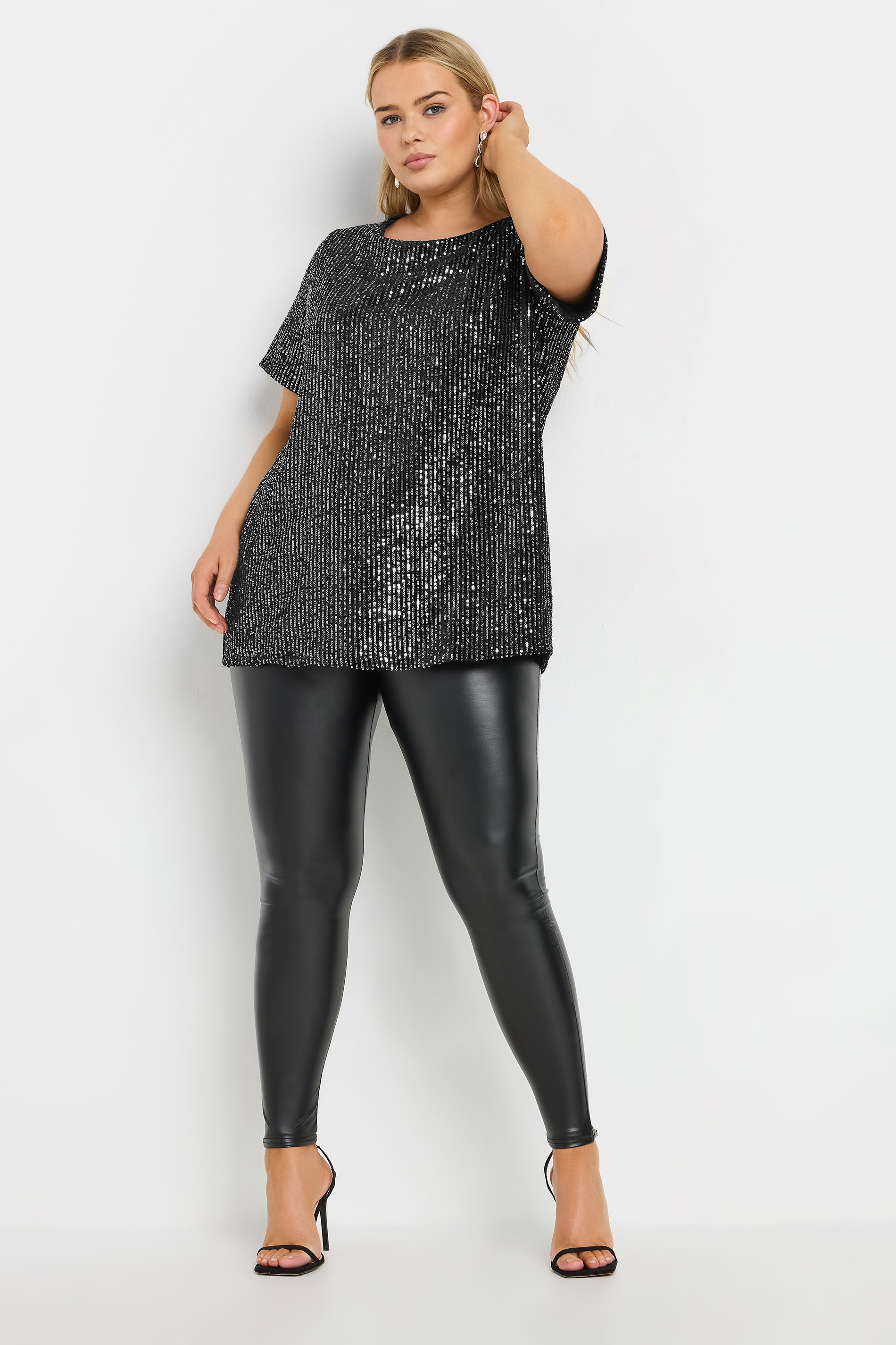 YOURS Plus Size Black & Silver Velvet Sequin Top | Yours Clothing 1