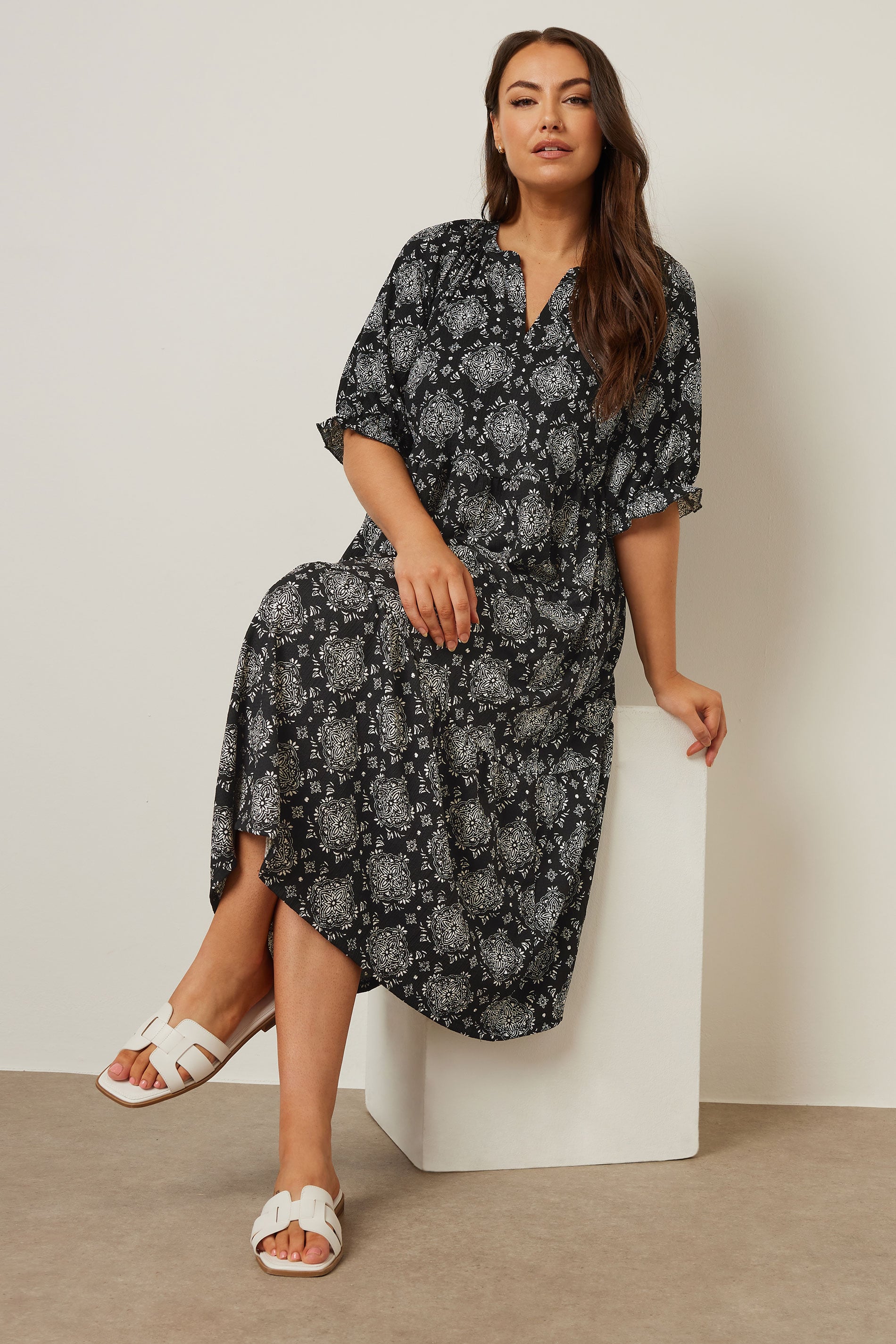 YOURS Plus Size Black Tile Print Tiered Midi Dress | Yours Clothing 3