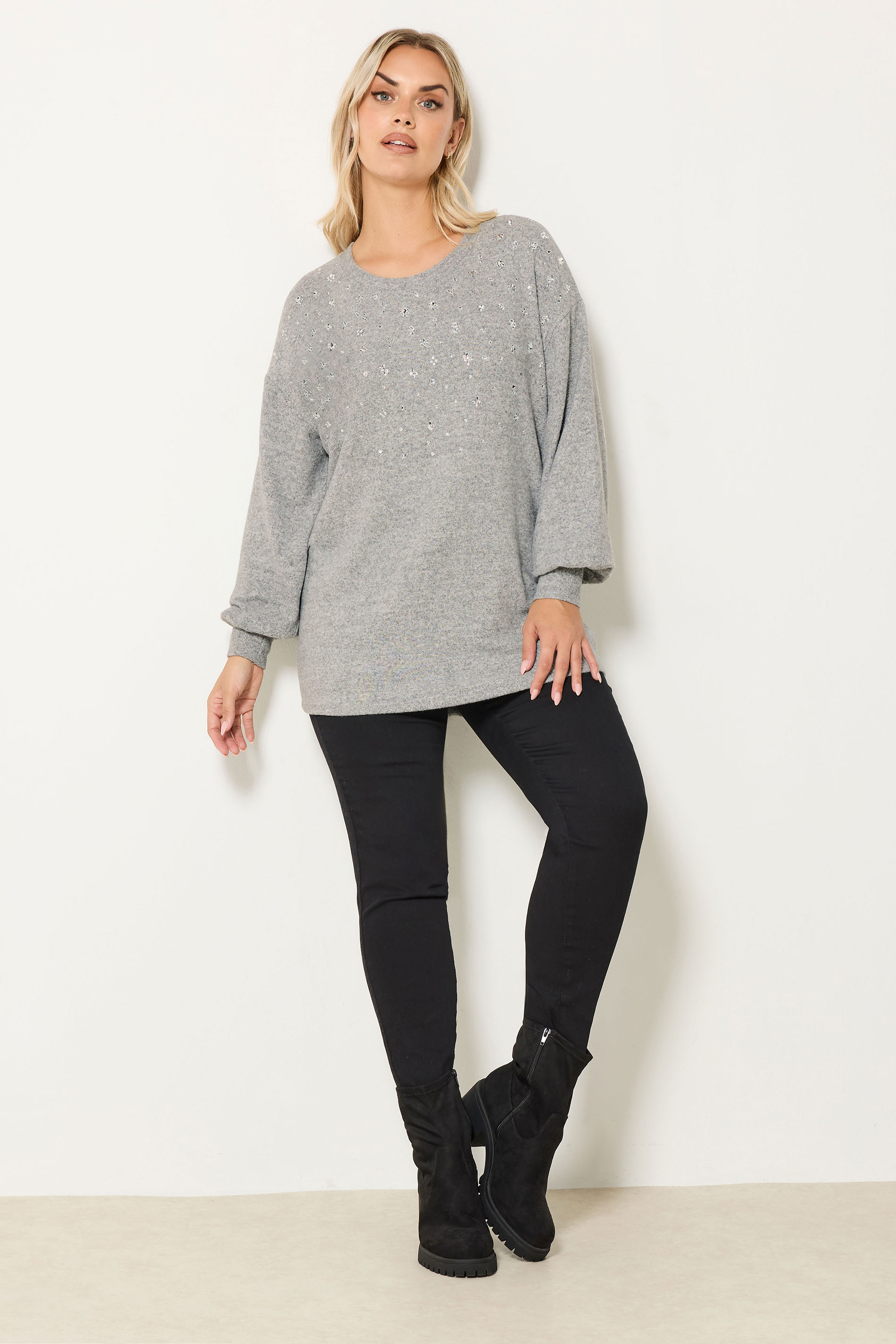 YOURS Plus Size Light Grey Diamante Embellished Jumper | Yours Clothing 1