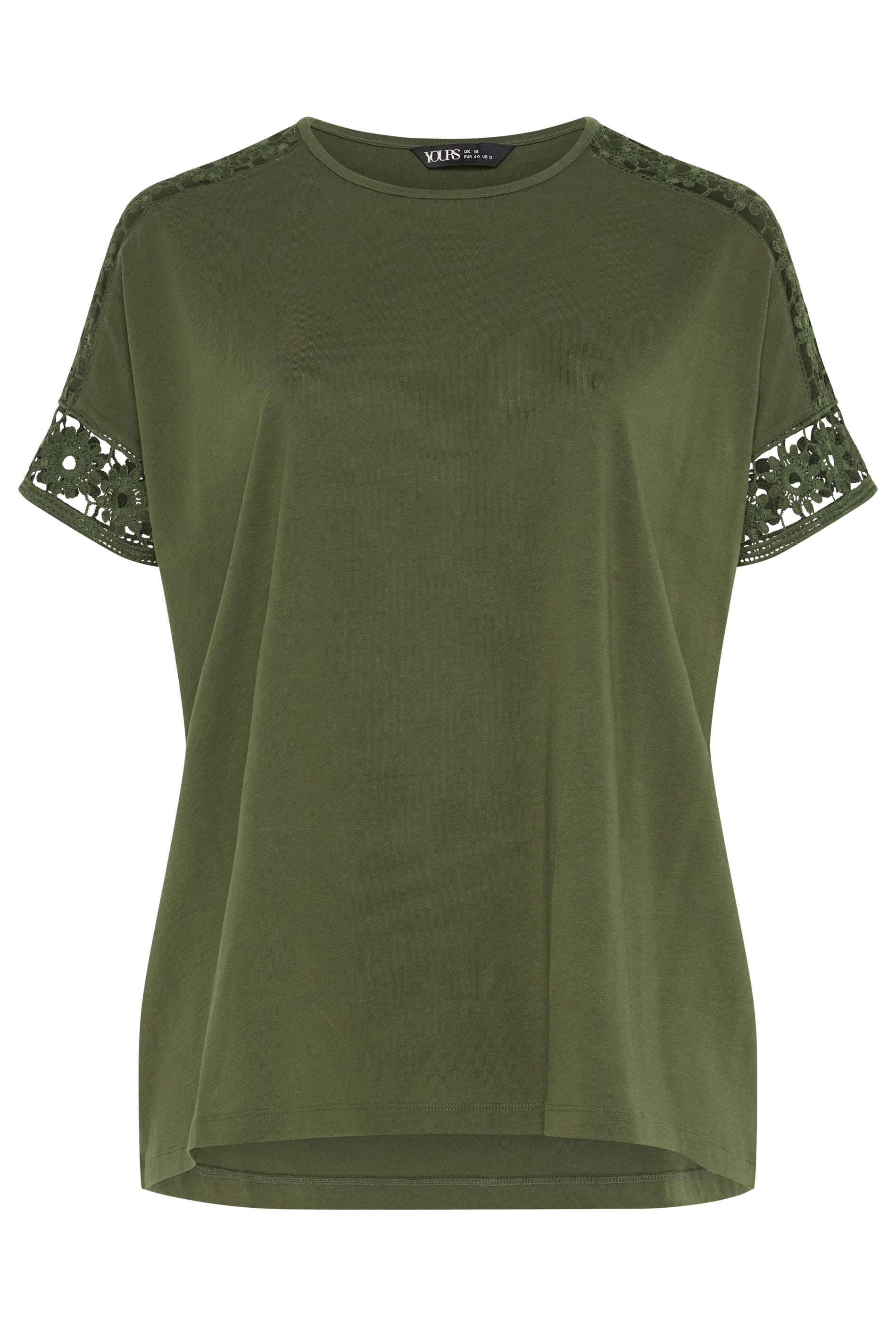YOURS Curve Khaki Green Crochet Sleeve Boxy T-Shirt | Yours Clothing 5