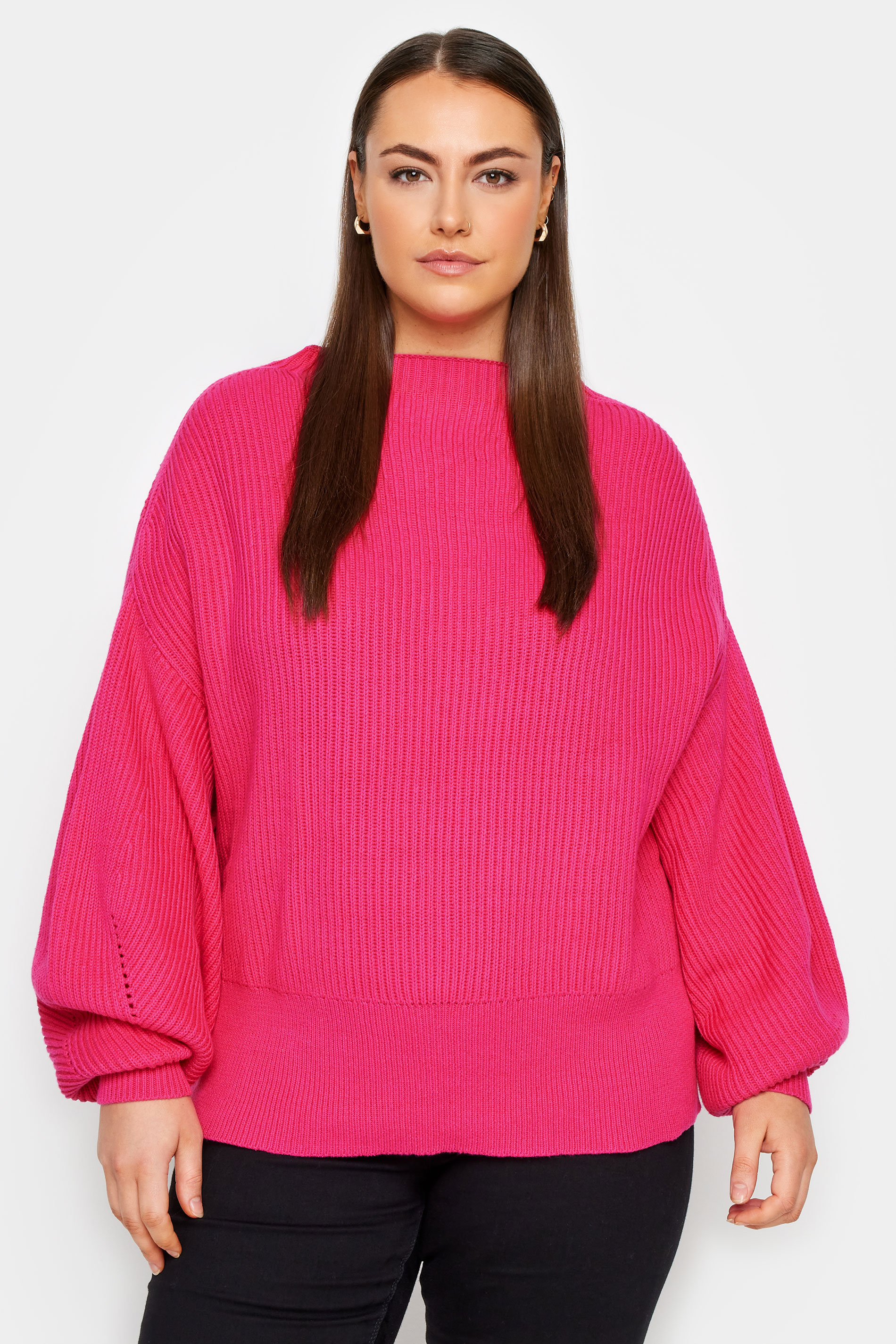 Bright and Cheery Hot Pink Knit Mock Neck Balloon Sleeve Sweater