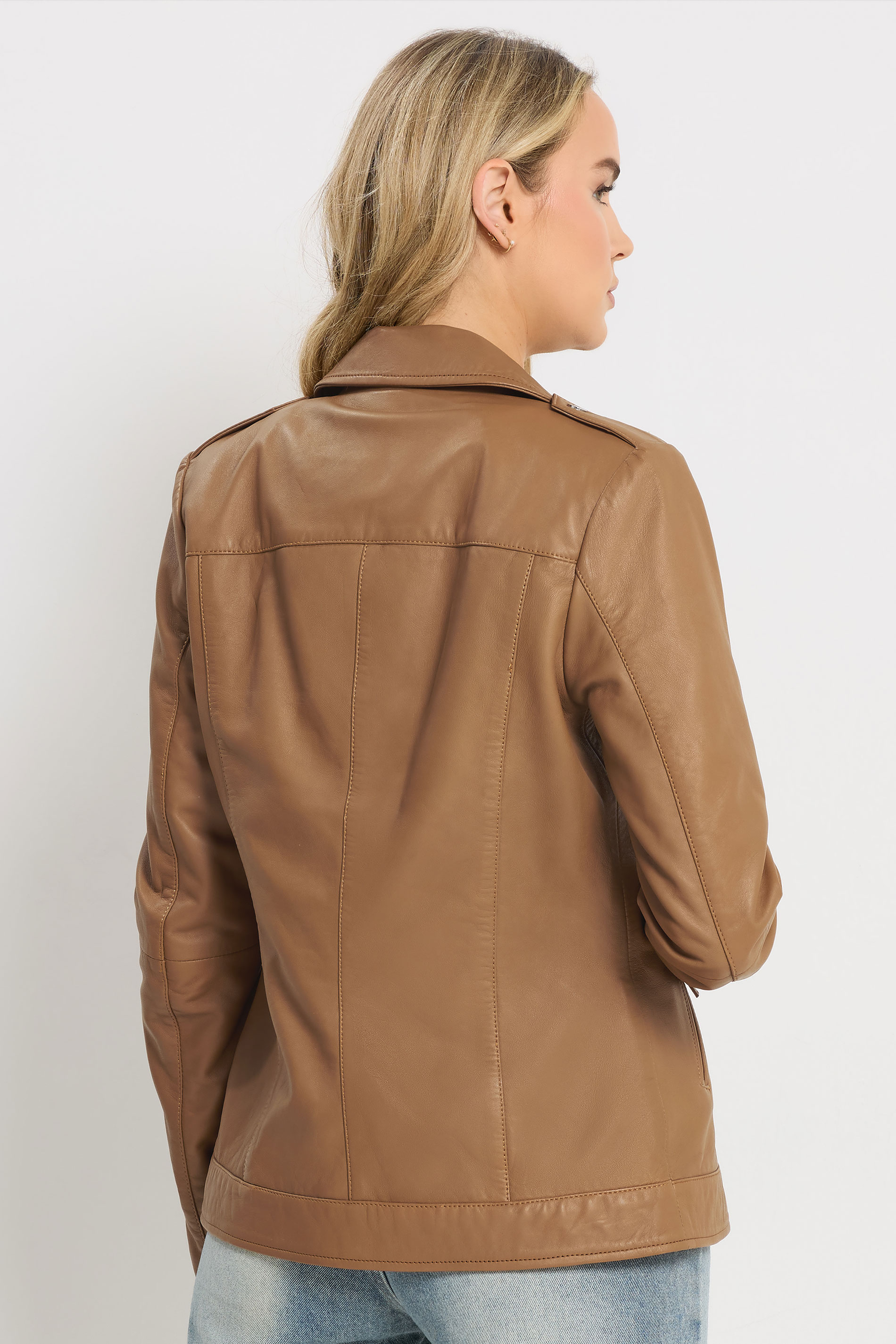 LTS PREMIUM Tall Women's Camel Brown Leather Biker Jacket | Long Tall Sally 4