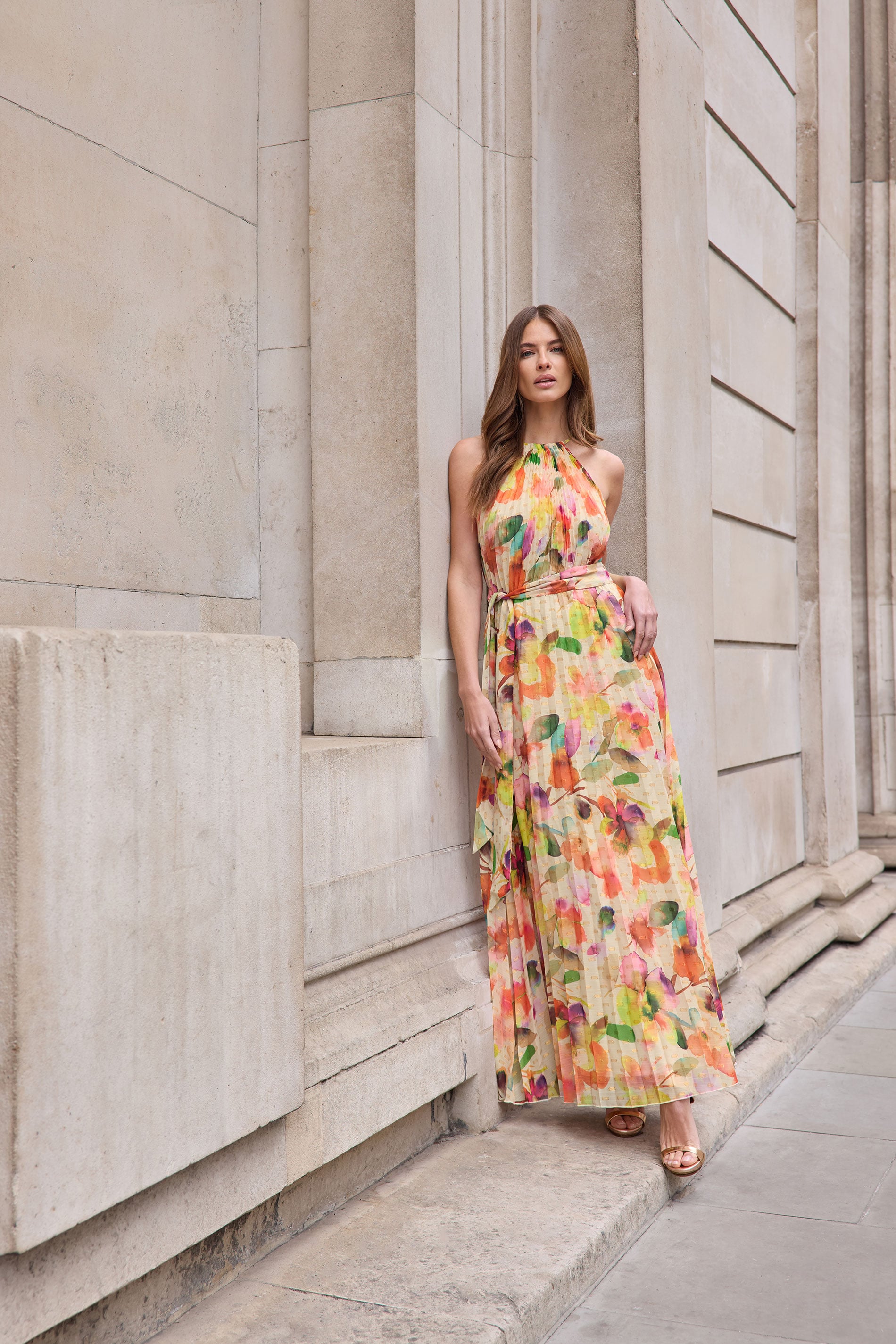 STAR Orange Abstract Pleated Halter Neck Maxi Dress | StarByJM 3