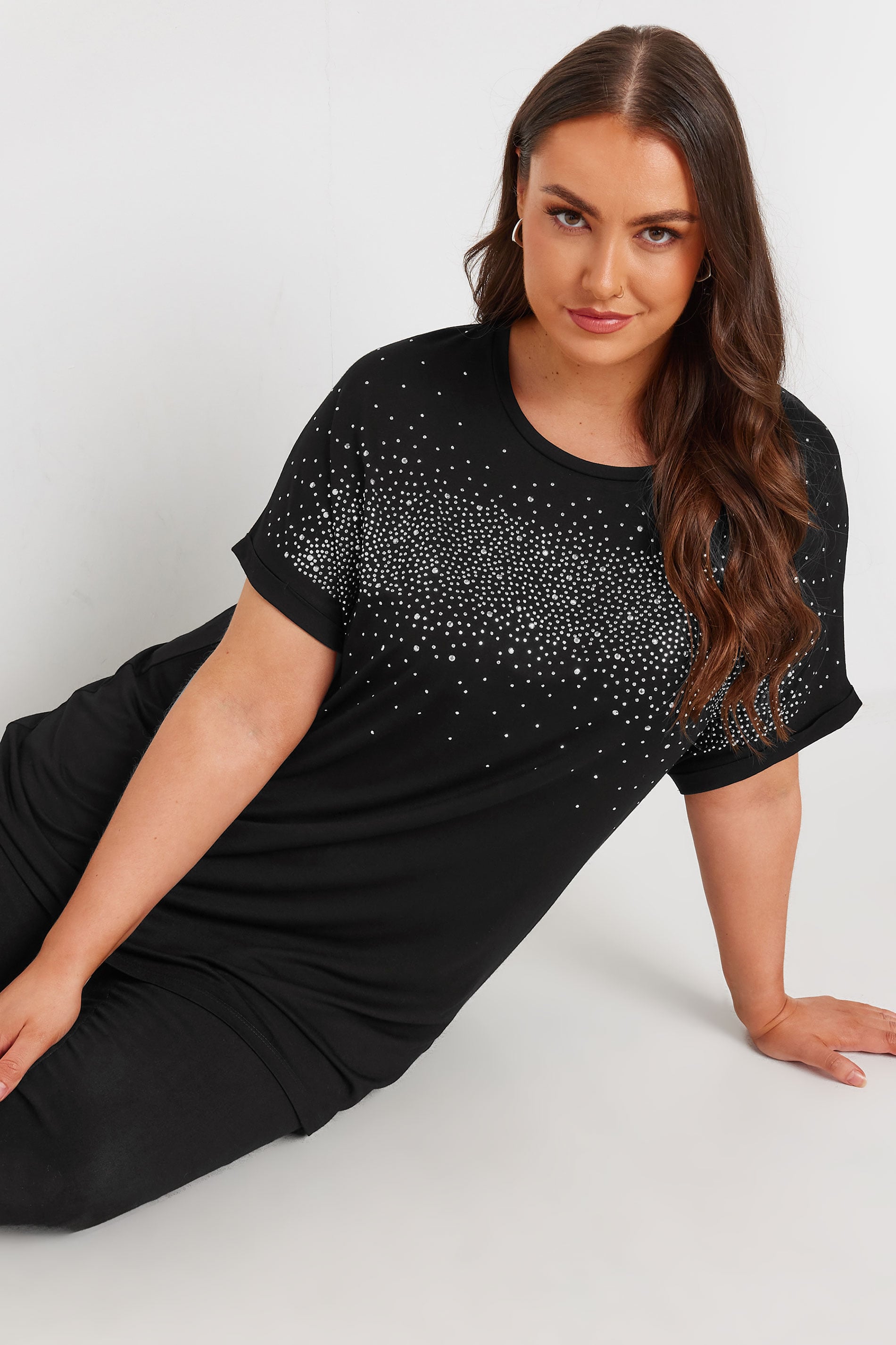 YOURS Plus Size Black Diamante Detail T-Shirt | Yours Clothing 3