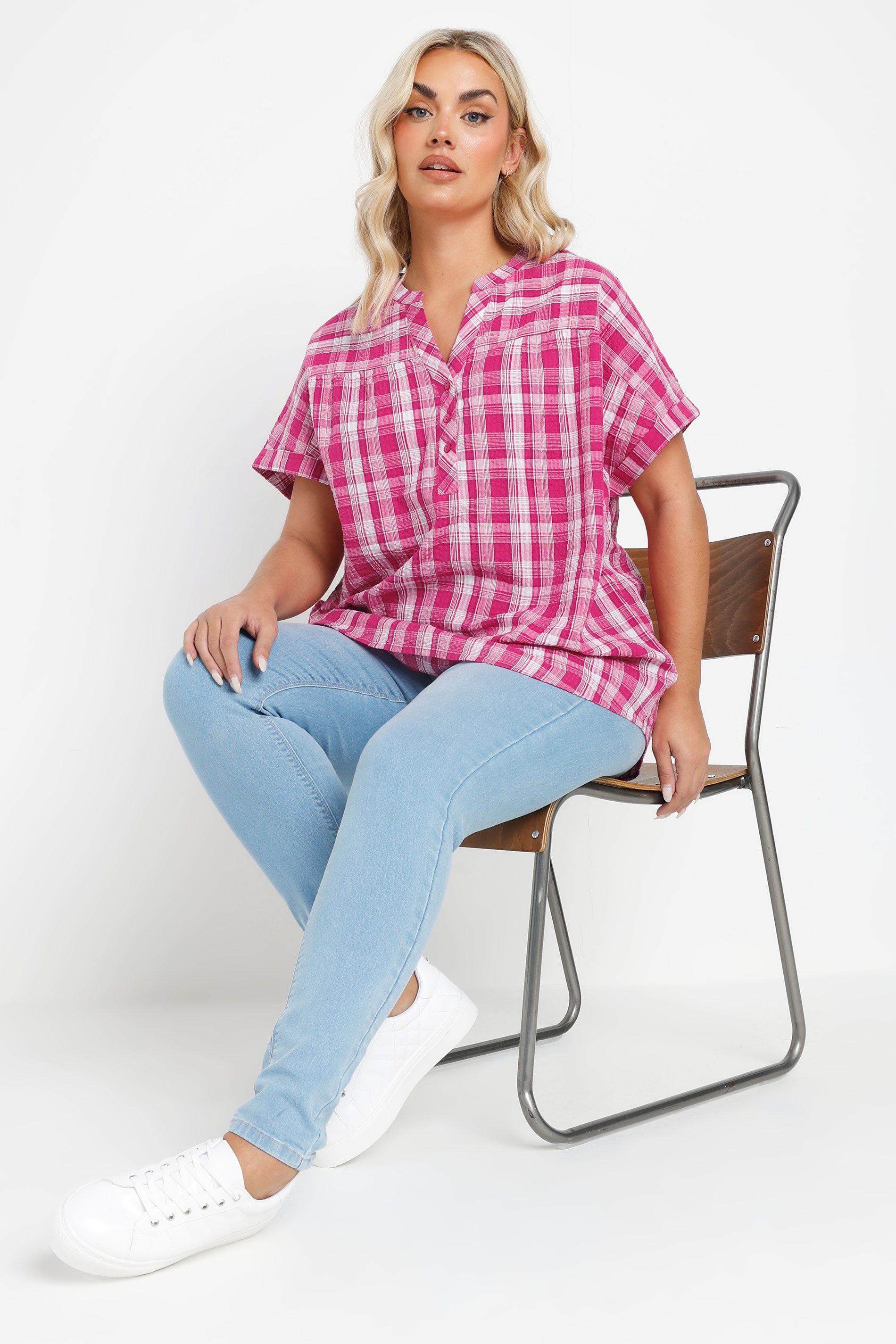 YOURS Plus Size Pink Check Print Textured Blouse | Yours Clothing 1