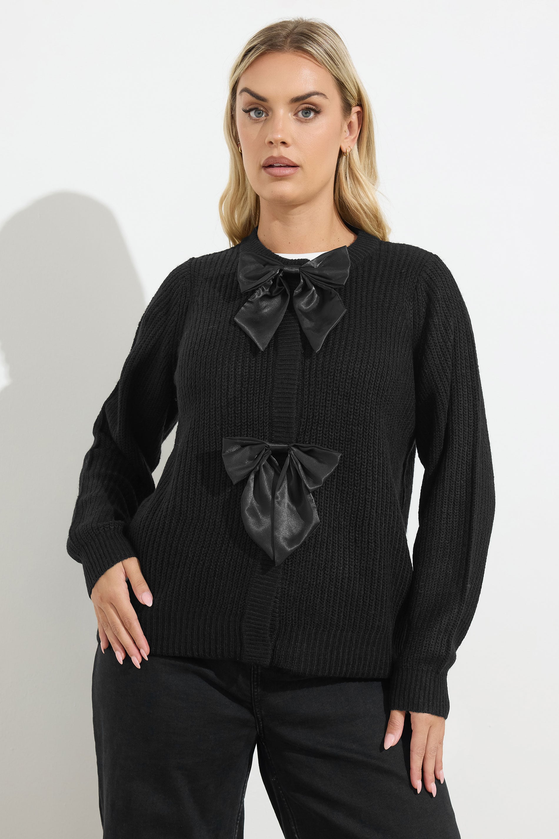 YOURS Plus Size Black Pearl Bow Front Through Cardigan 3