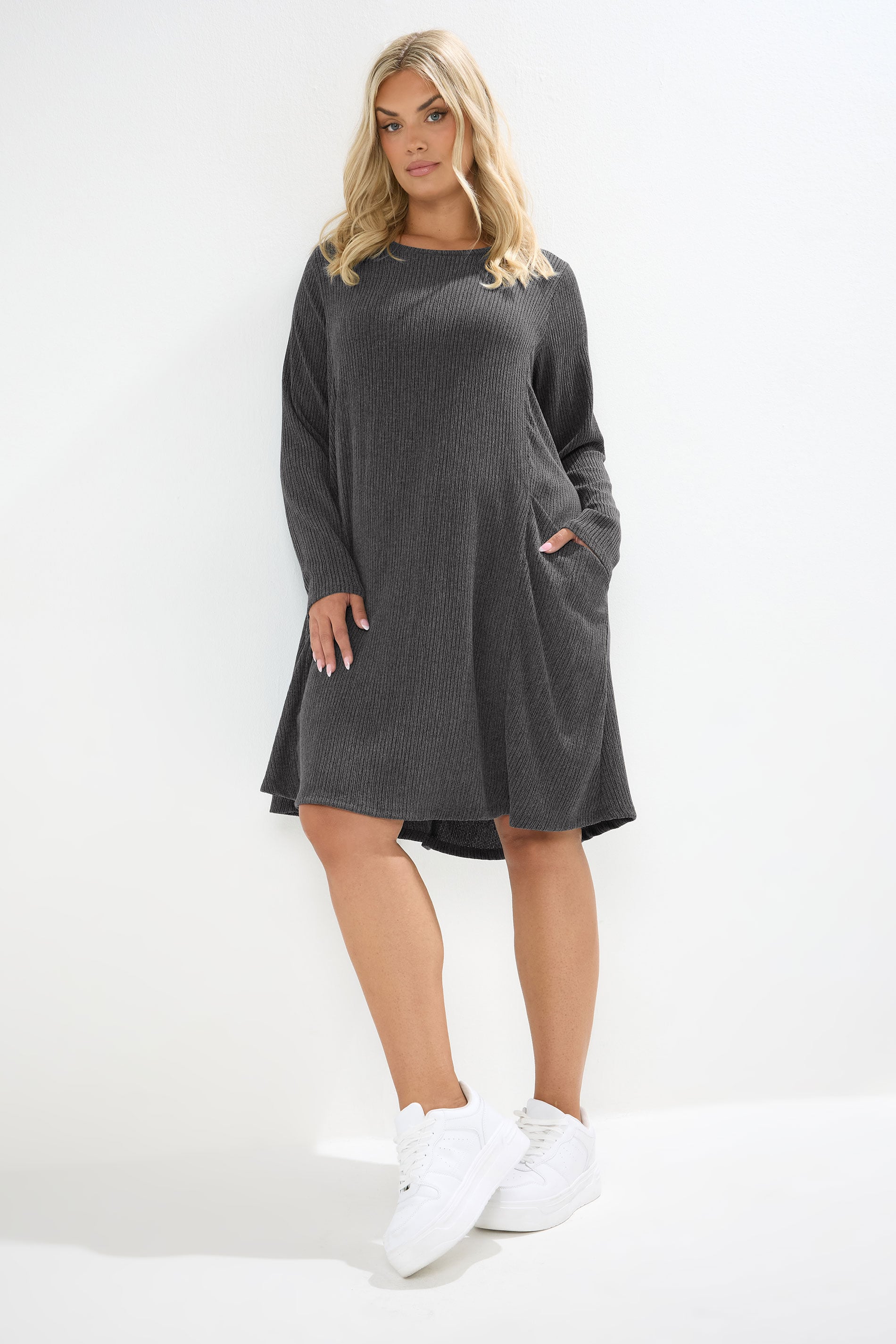 YOURS Plus Size Charcoal Grey Textured Pocket Dress | Yours Clothing 3