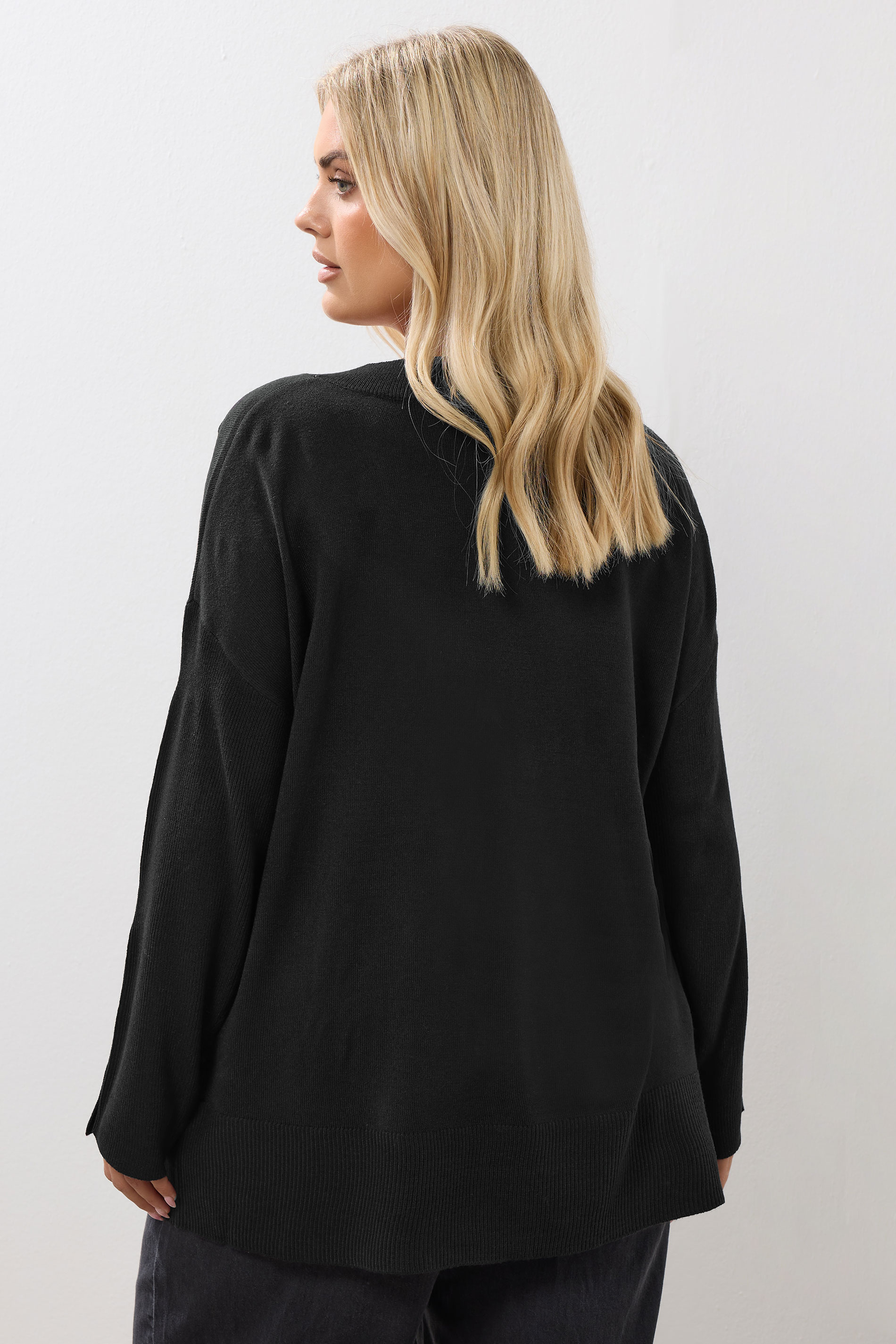 YOURS Plus Size Black Button Sleeve V-Neck Jumper | Yours Clothing 2