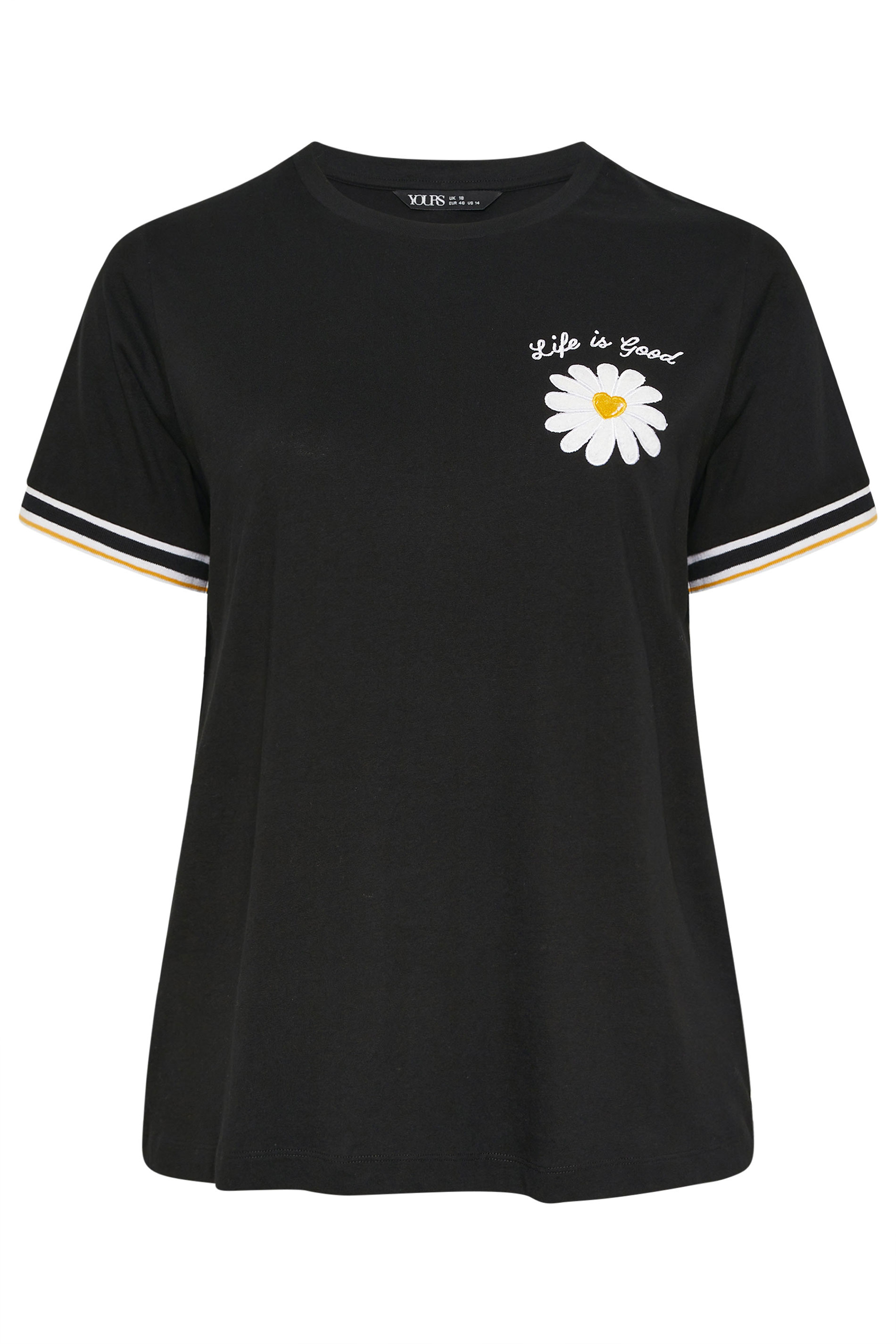 YOURS Plus Size Black Daisy 'Life Is Good' Varsity Trim T-Shirt | Yours Clothing 5