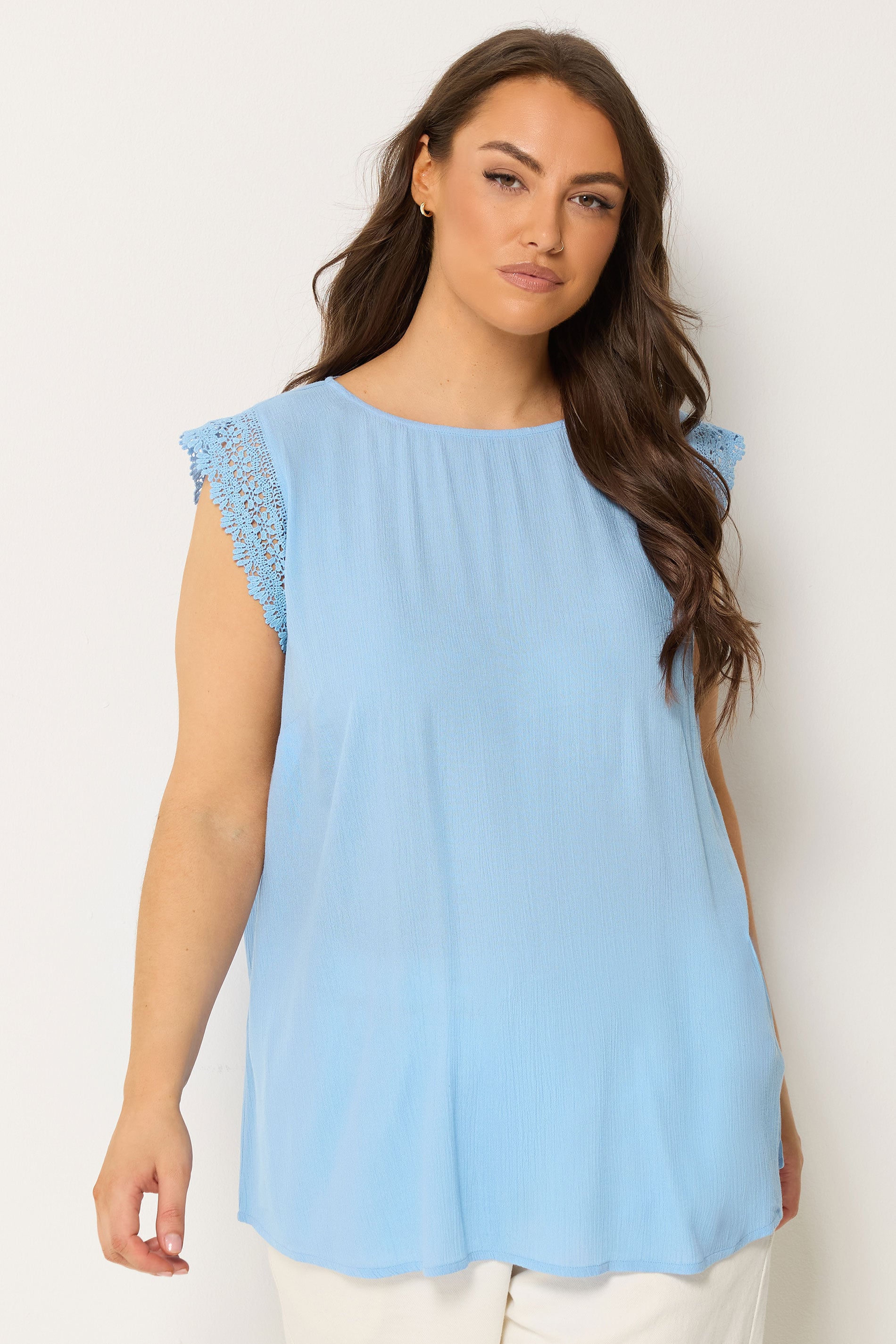 Yours Plus Size Blue Crochet Trim Crinkle Top | Yours Clothing 3