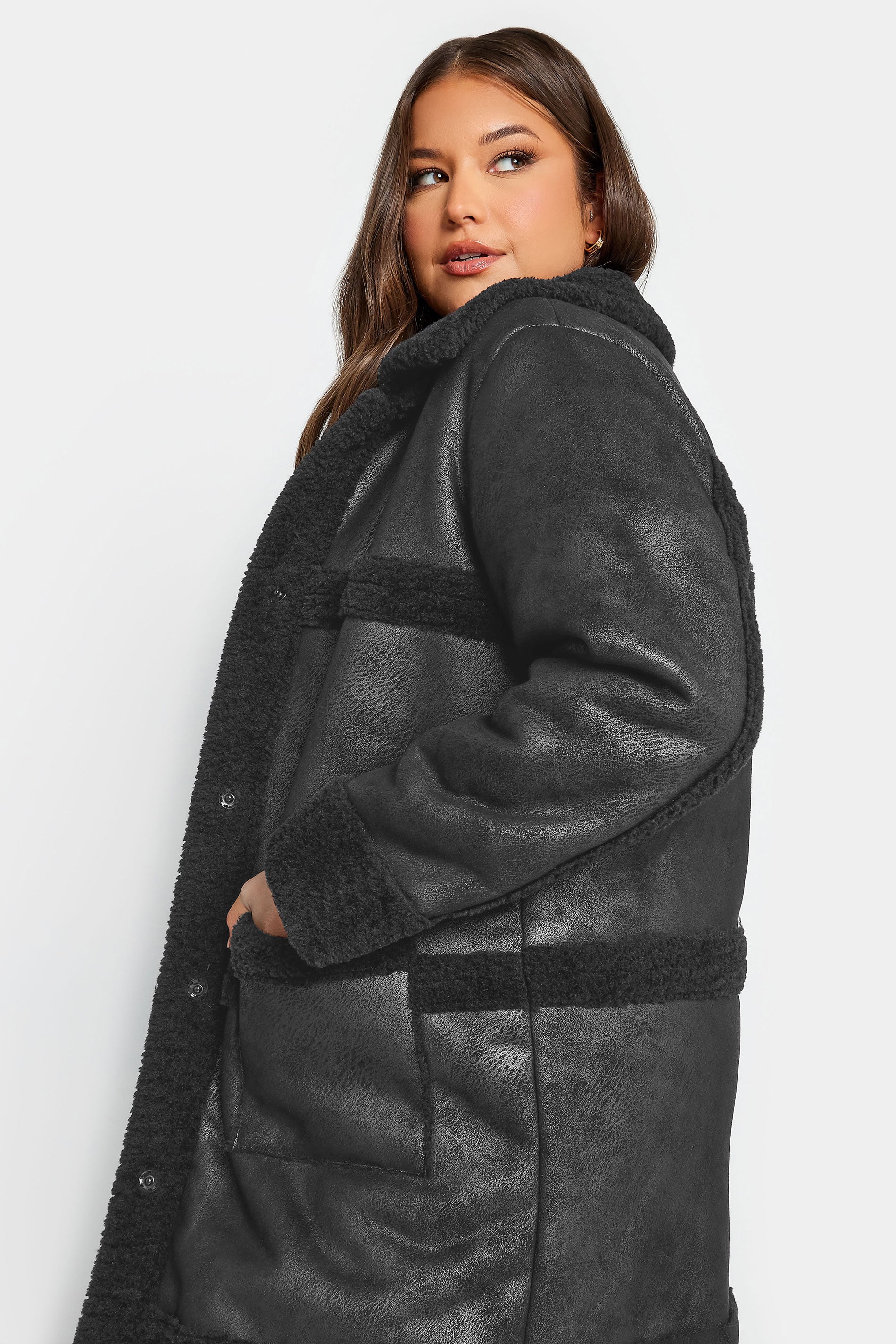 YOURS Curve Black Faux Fur PU Jacket | Yours Clothing 2