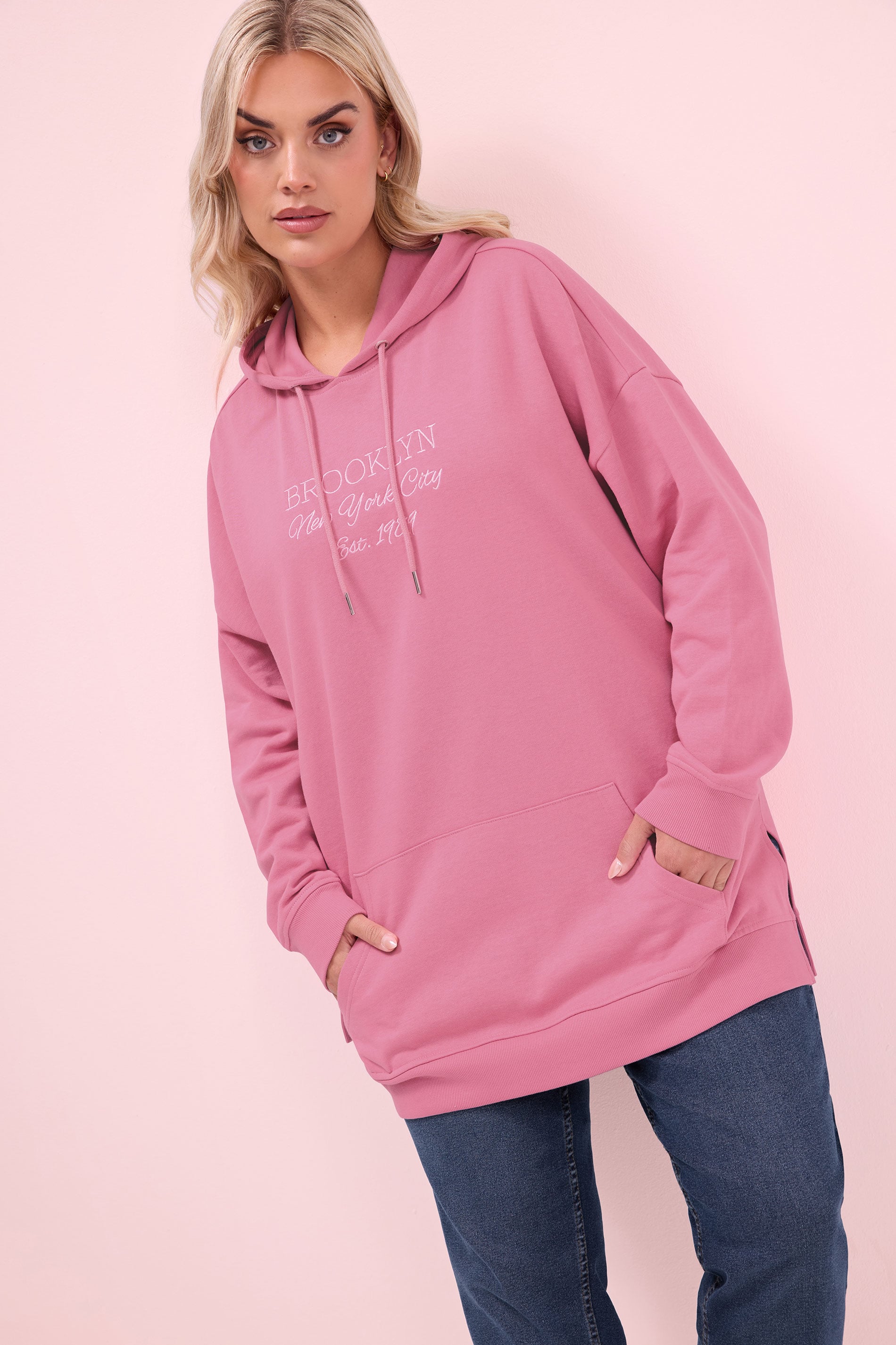 YOURS Plus Size Pink 'Brooklyn' Embroidered Slogan Hoodie | Yours Clothing 3