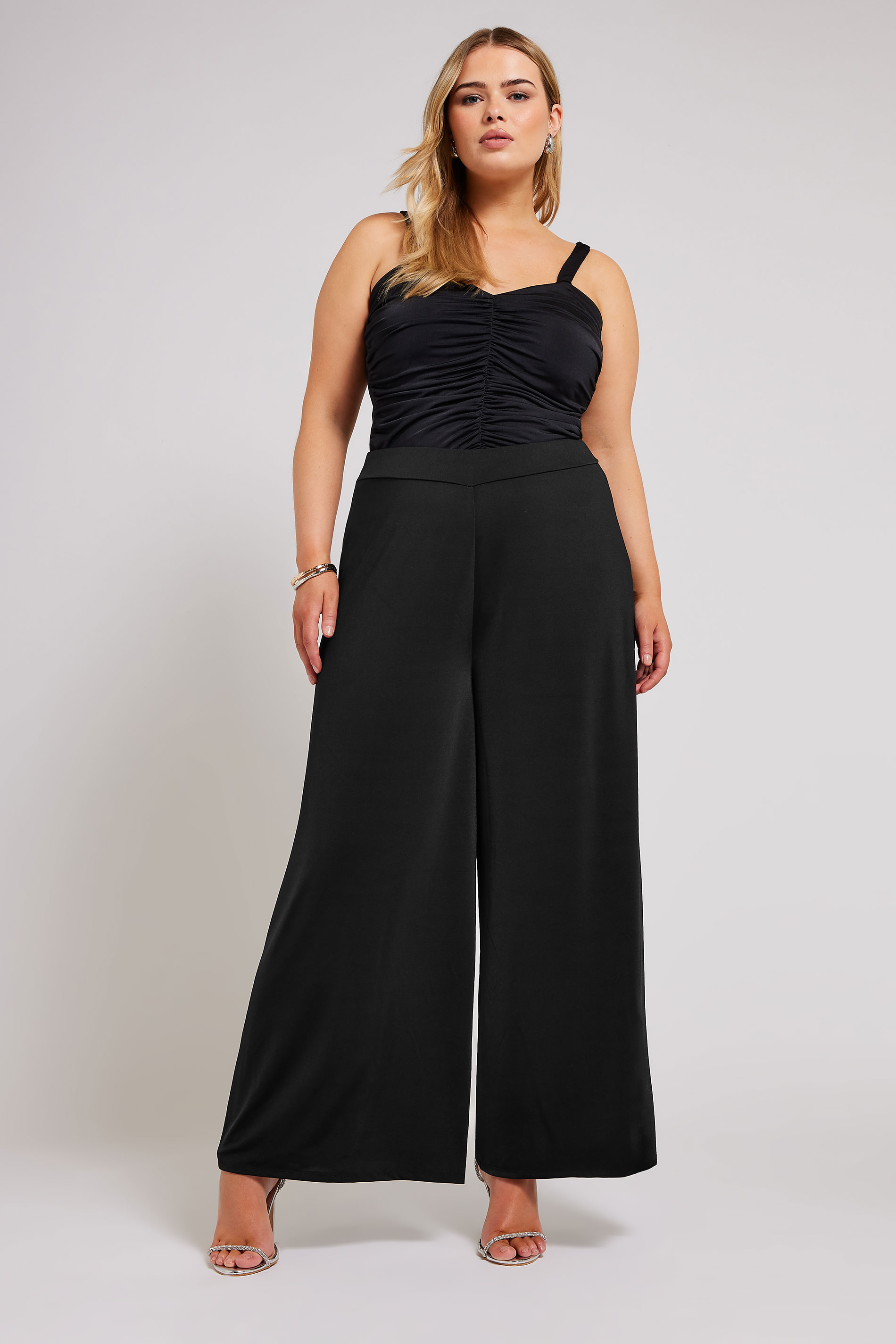 YOURS LONDON Plus Size Black Slinky Wide Leg Trousers | Yours Clothing 2