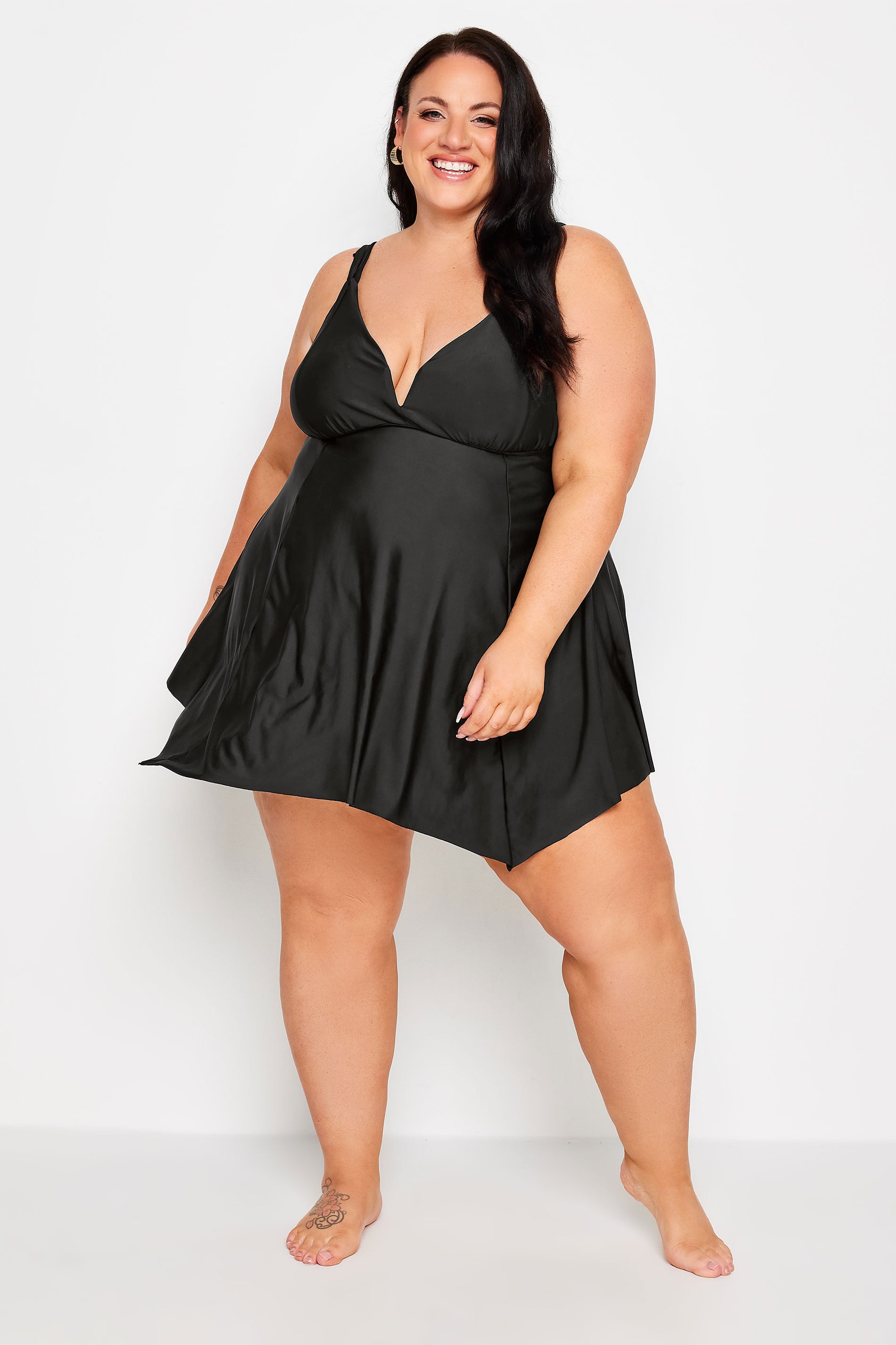 YOURS Plus Size Black Knotted Strap Hanky Hem Swim Dress | Yours Clothing 2