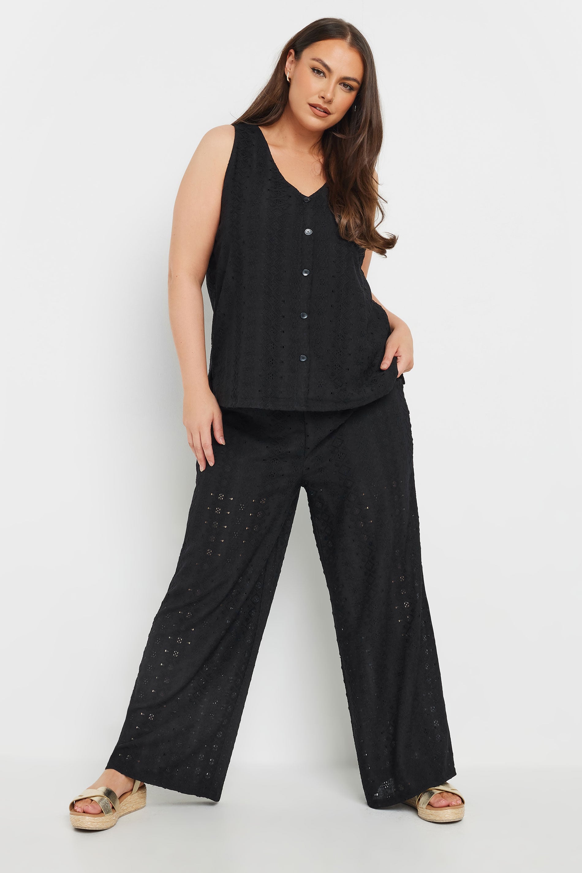 YOURS Plus Size Black Broderie Anglaise Wide Leg Trousers | Yours Clothing 1