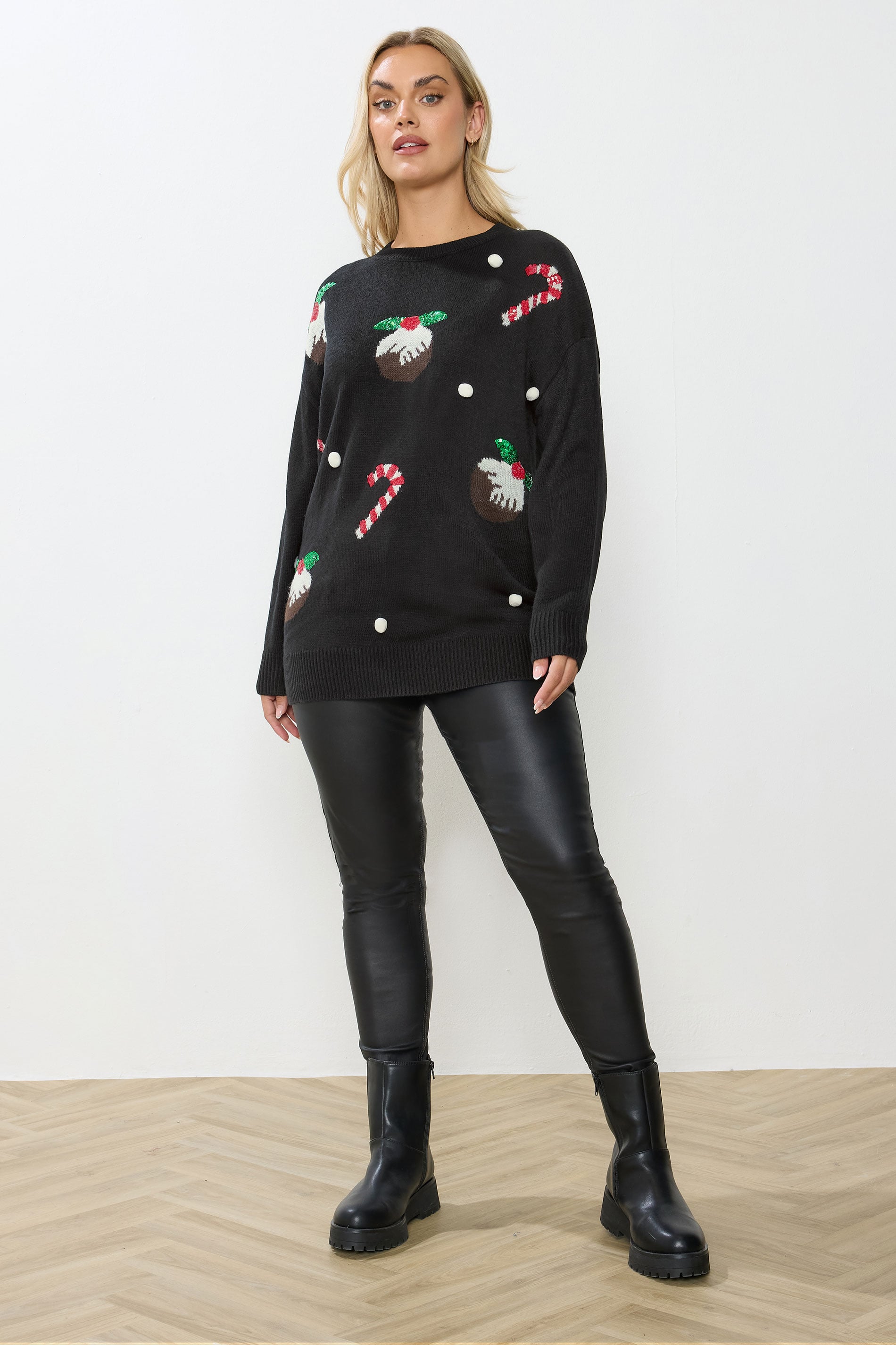 YOURS Plus Size Black Candy Cane Sequin Novelty Christmas Jumper | Yours Clothing 2