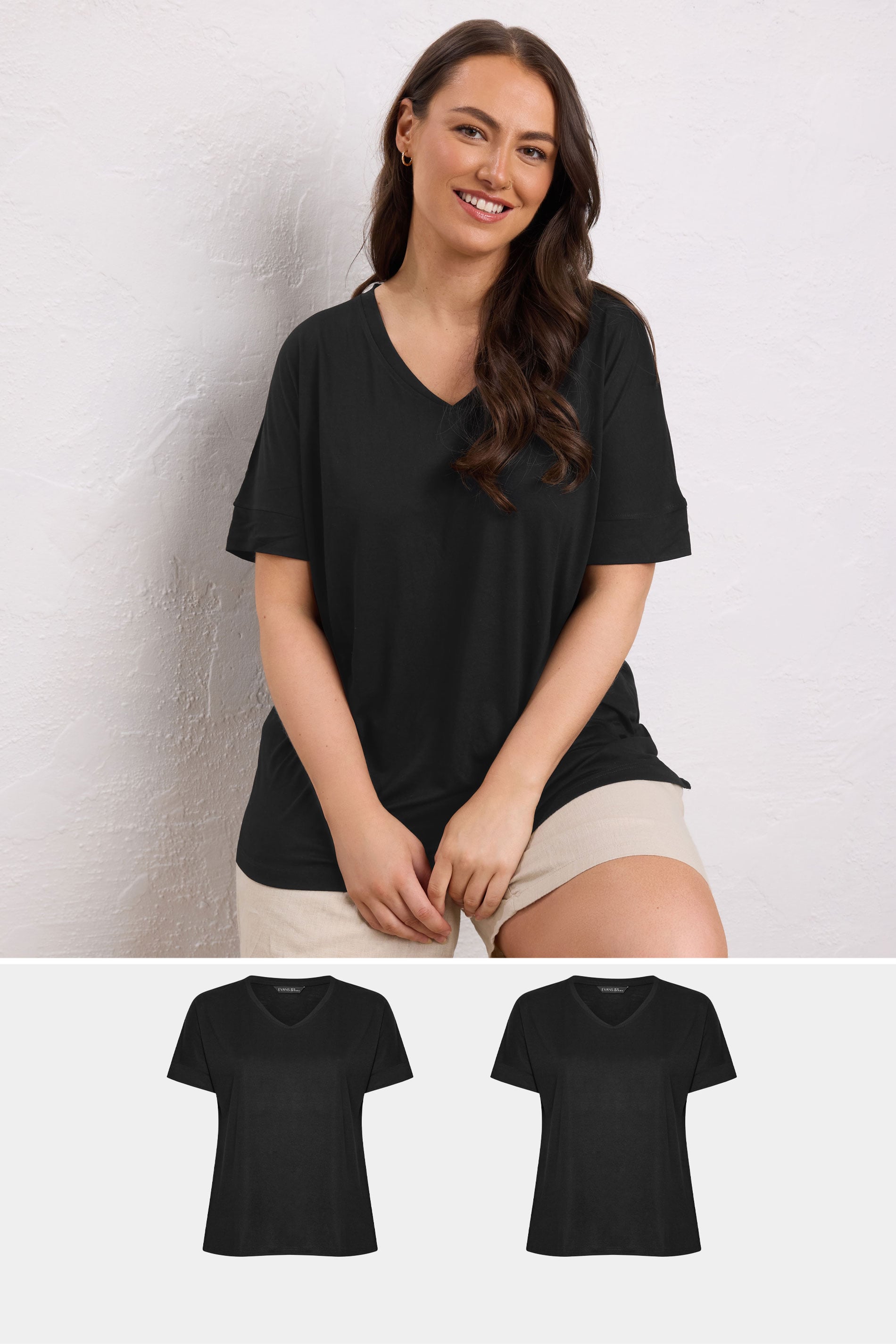 EVANS 2 PACK Plus Size Black V-Neck Modal Rich T-Shirts | Evans 3