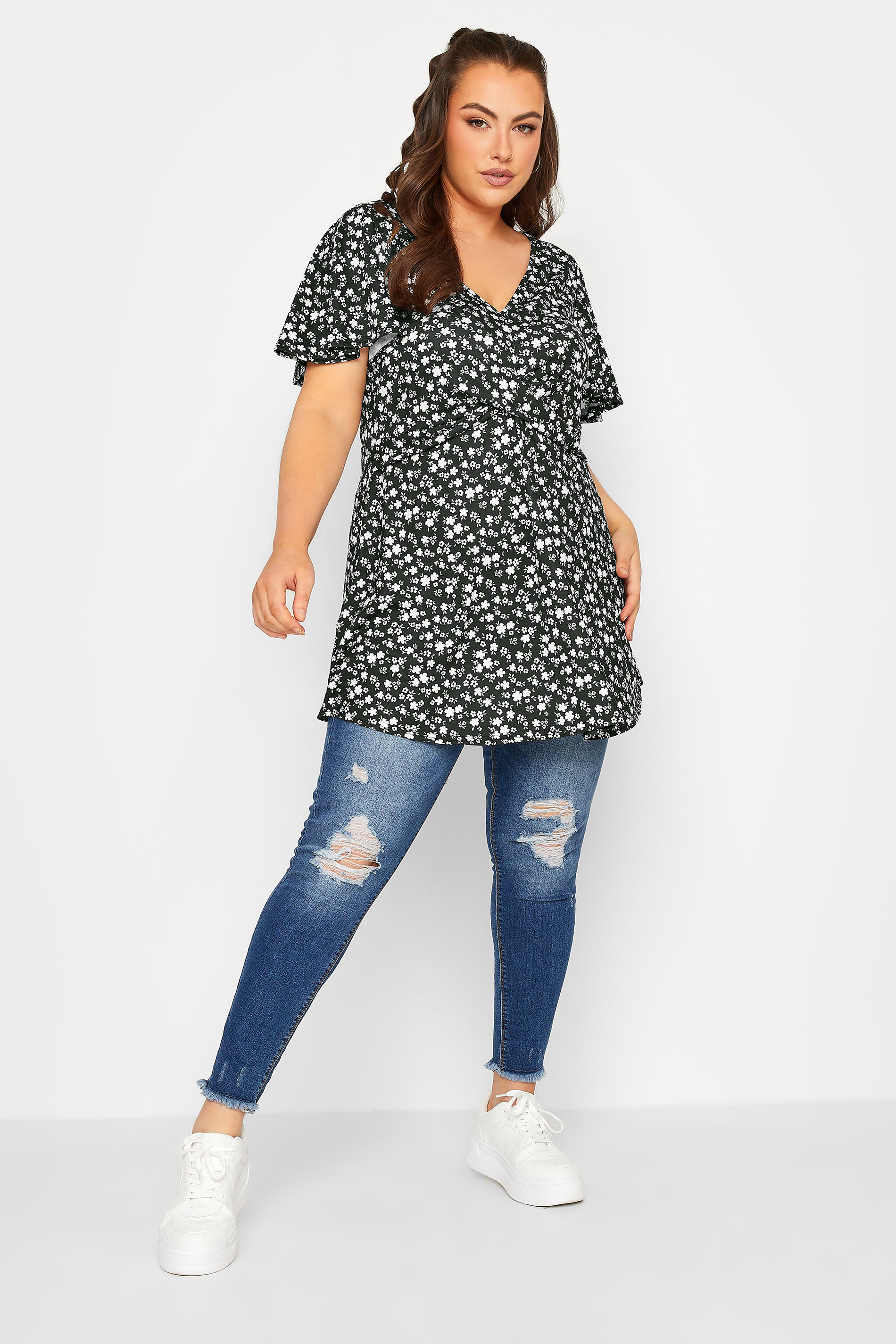 YOURS Plus Size Black Ditsy Print Twist Front Top | Yours Clothing 2