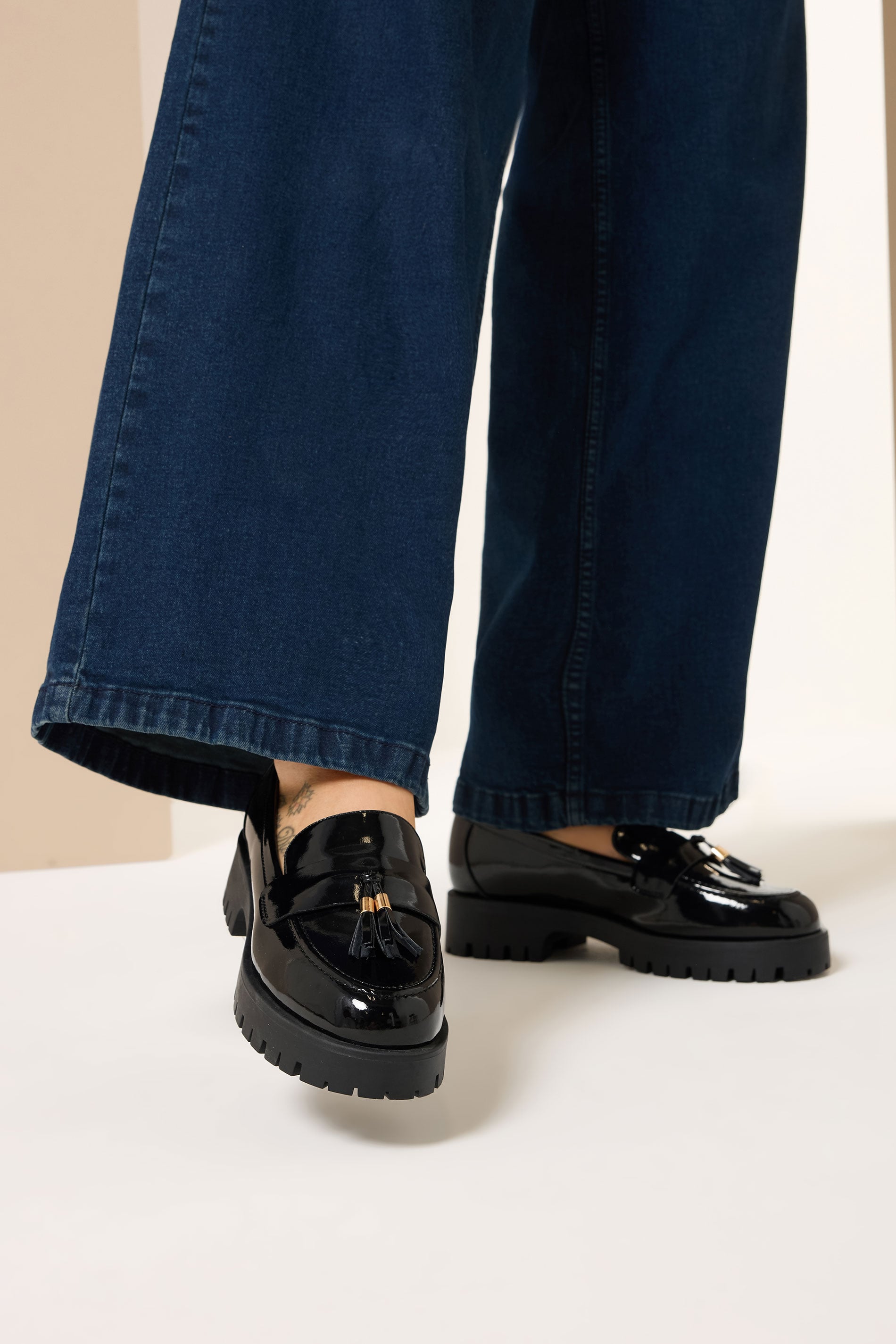Black Tassel Patent Loafers In Wide E & Extra Wide EEE Fit | Yours Clothing  1