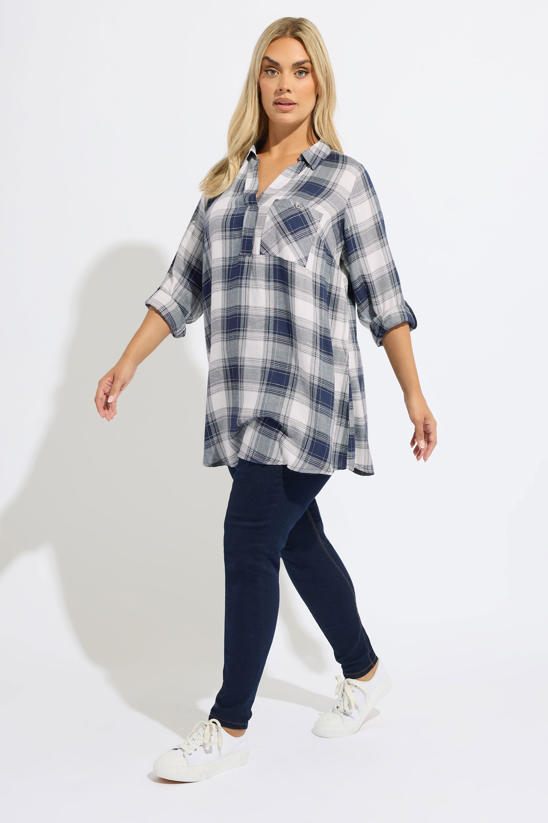 YOURS Plus Size Navy Blue Check Overhead Shirt | Yours Clothing 1