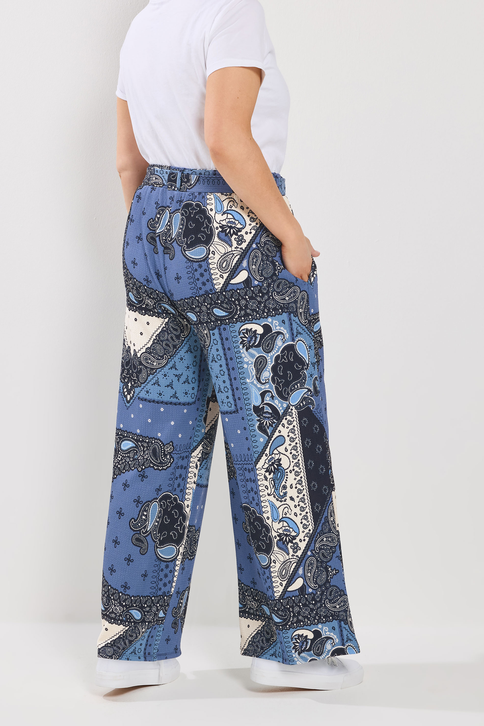 YOURS Plus Size Blue Bandana Print Belted Wide Leg Trousers | Yours Clothing 4