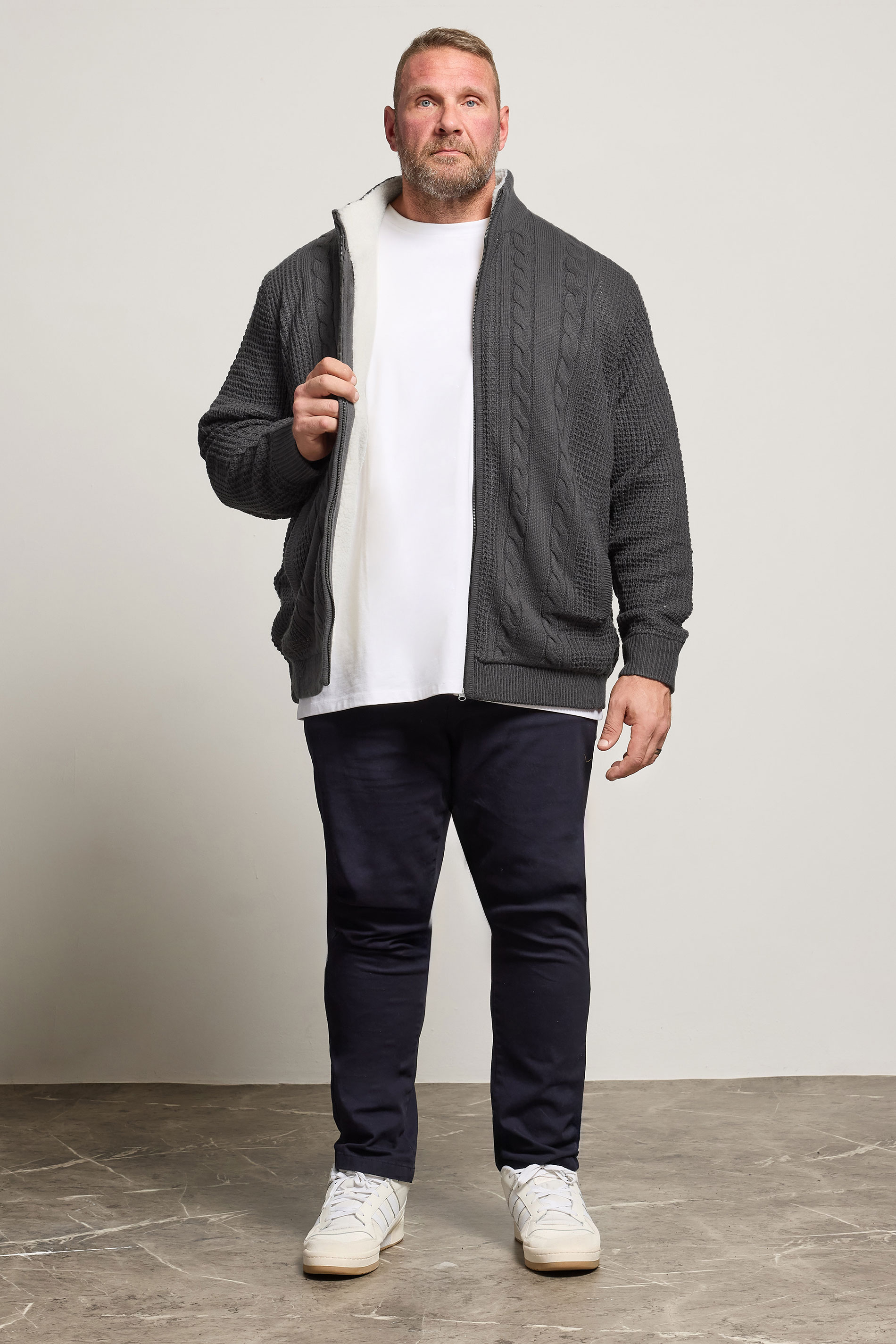 BadRhino Big & Tall Charcoal Grey Sherpa Lined Zip Through Cable Jumper | BadRhino 1