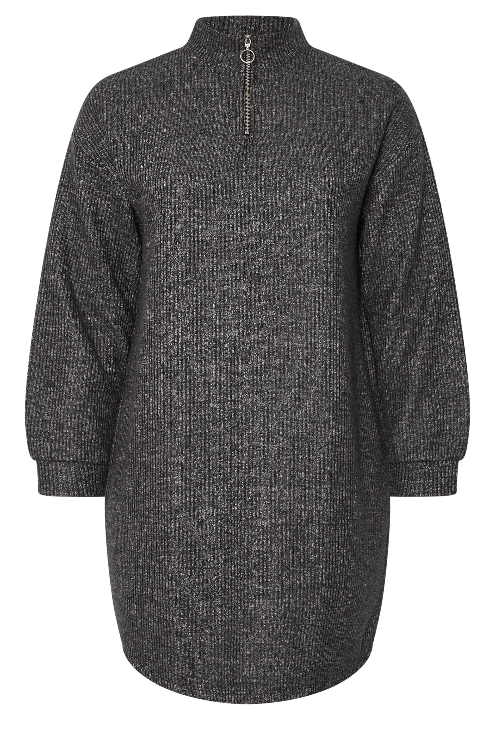 YOURS Plus Size Charcoal Grey Zip Neck Ribbed Jumper Dress | Yours Clothing 5