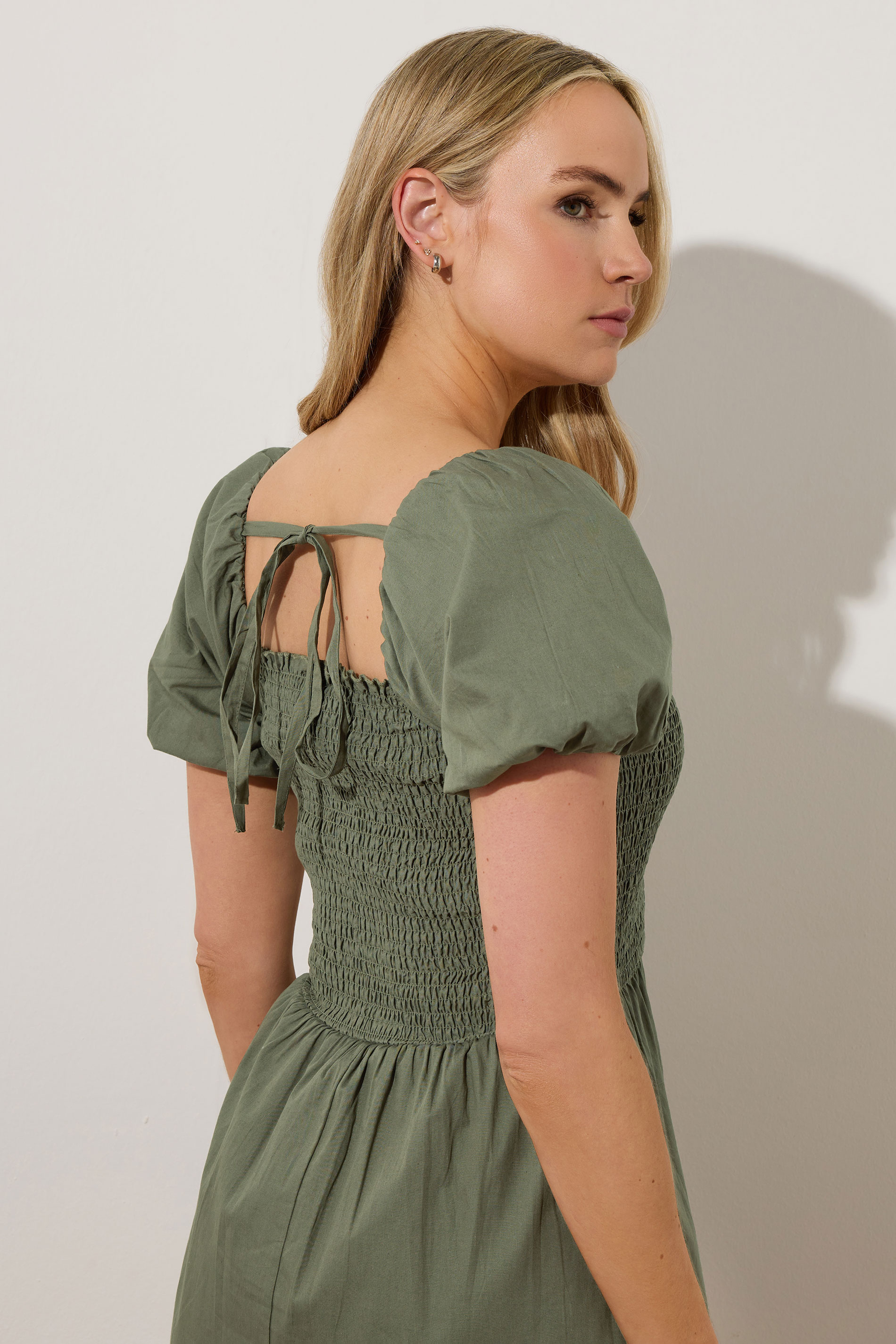 LTS Tall Khaki Green Shirred Cotton Puff Sleeve Midi Dress | Long Tall Sally 2