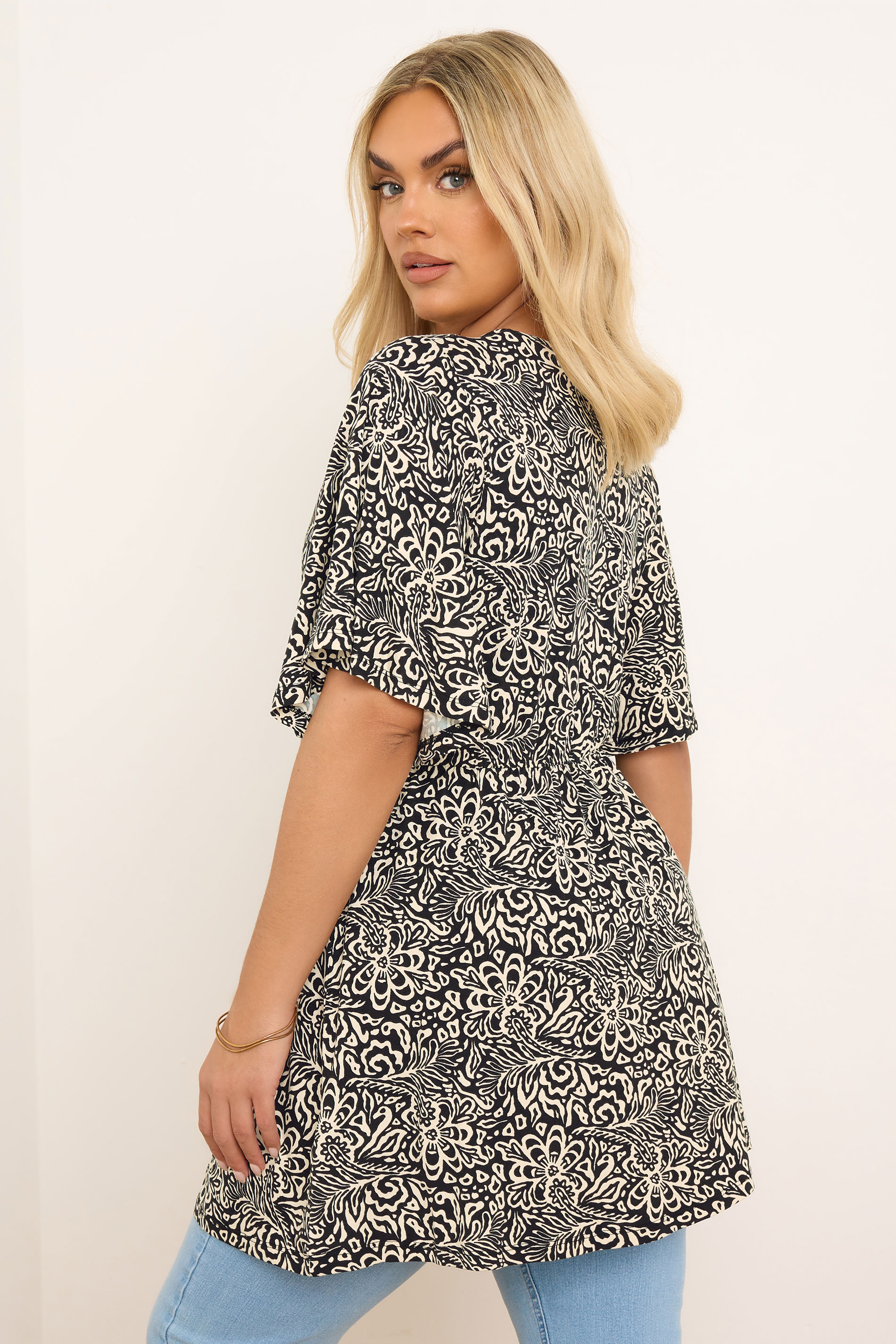 YOURS Plus Size Black Floral Leaf Print Wrap Top | Yours Clothing 2