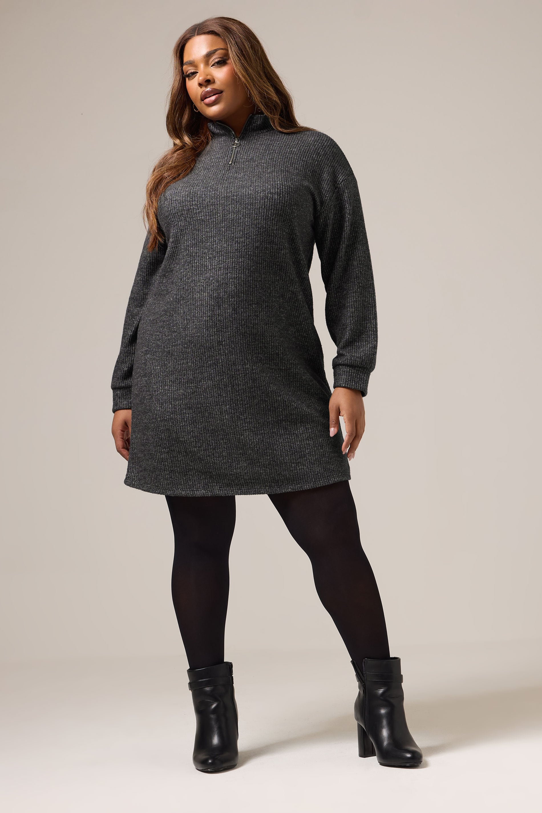 YOURS Plus Size Charcoal Grey Zip Neck Ribbed Jumper Dress | Yours Clothing 1