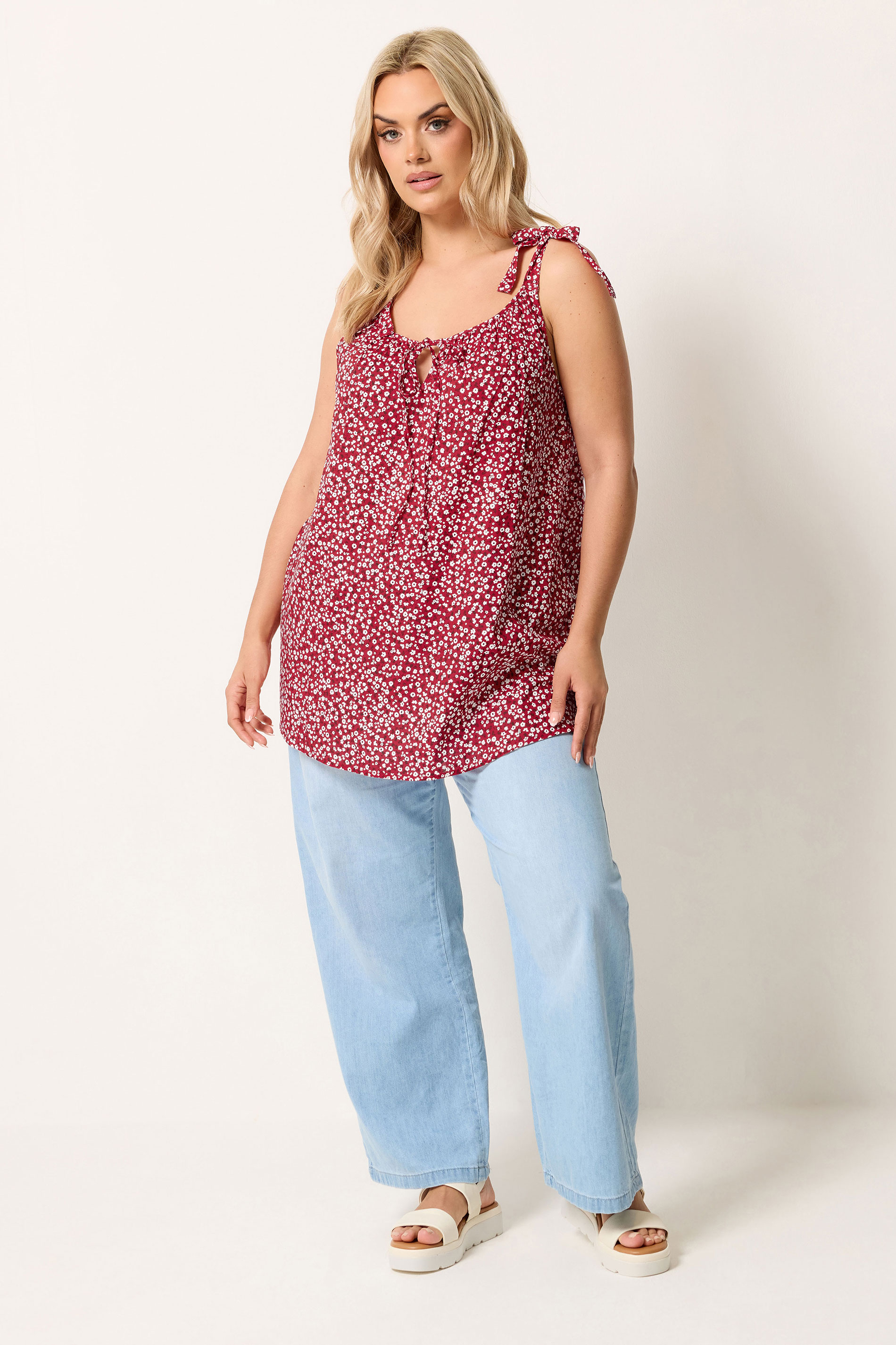 YOURS Plus Size Red Ditsy Floral Strappy Vest Top | Yours Clothing 1
