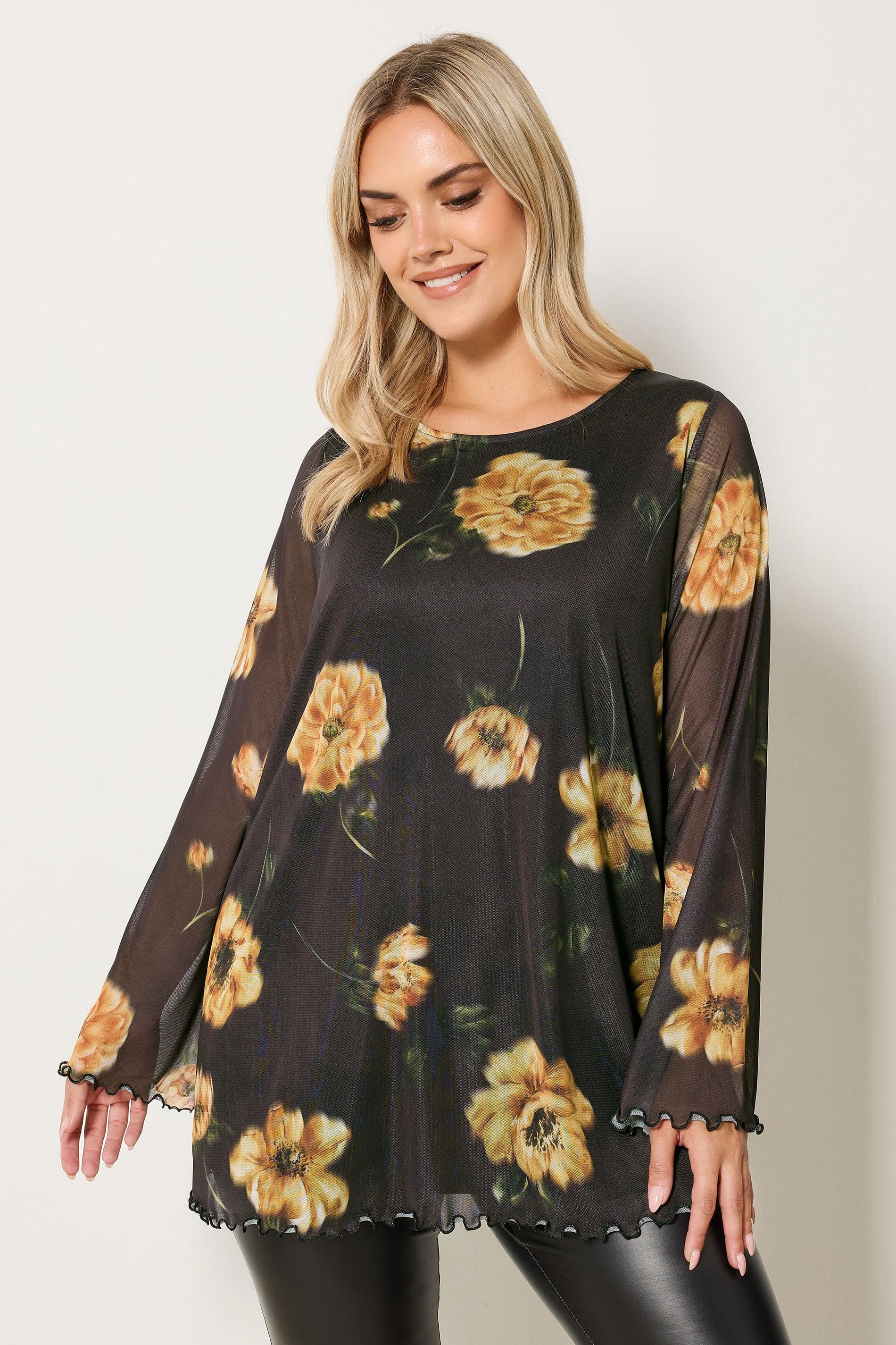 YOURS Plus Size Brown Floral Mesh Swing Top | Yours Clothing 3