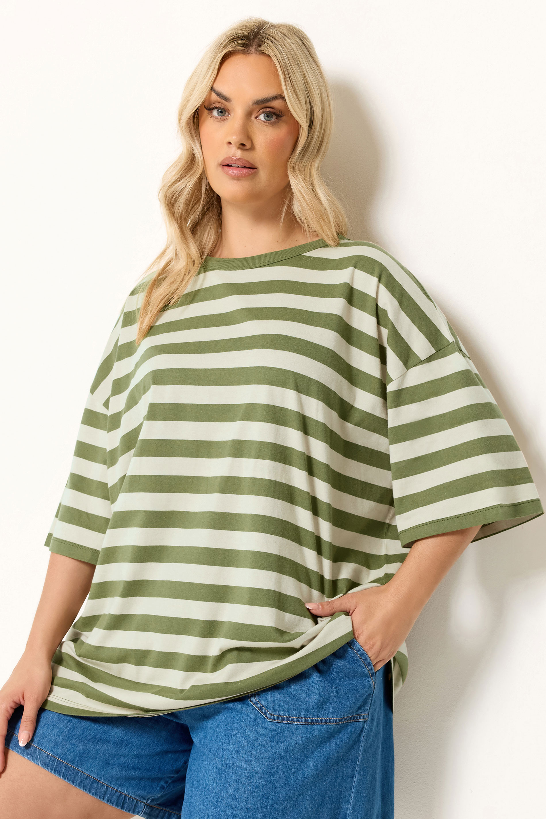 YOURS Plus Size Khaki Green & Cream Boxy T-Shirt | Yours Clothing 3