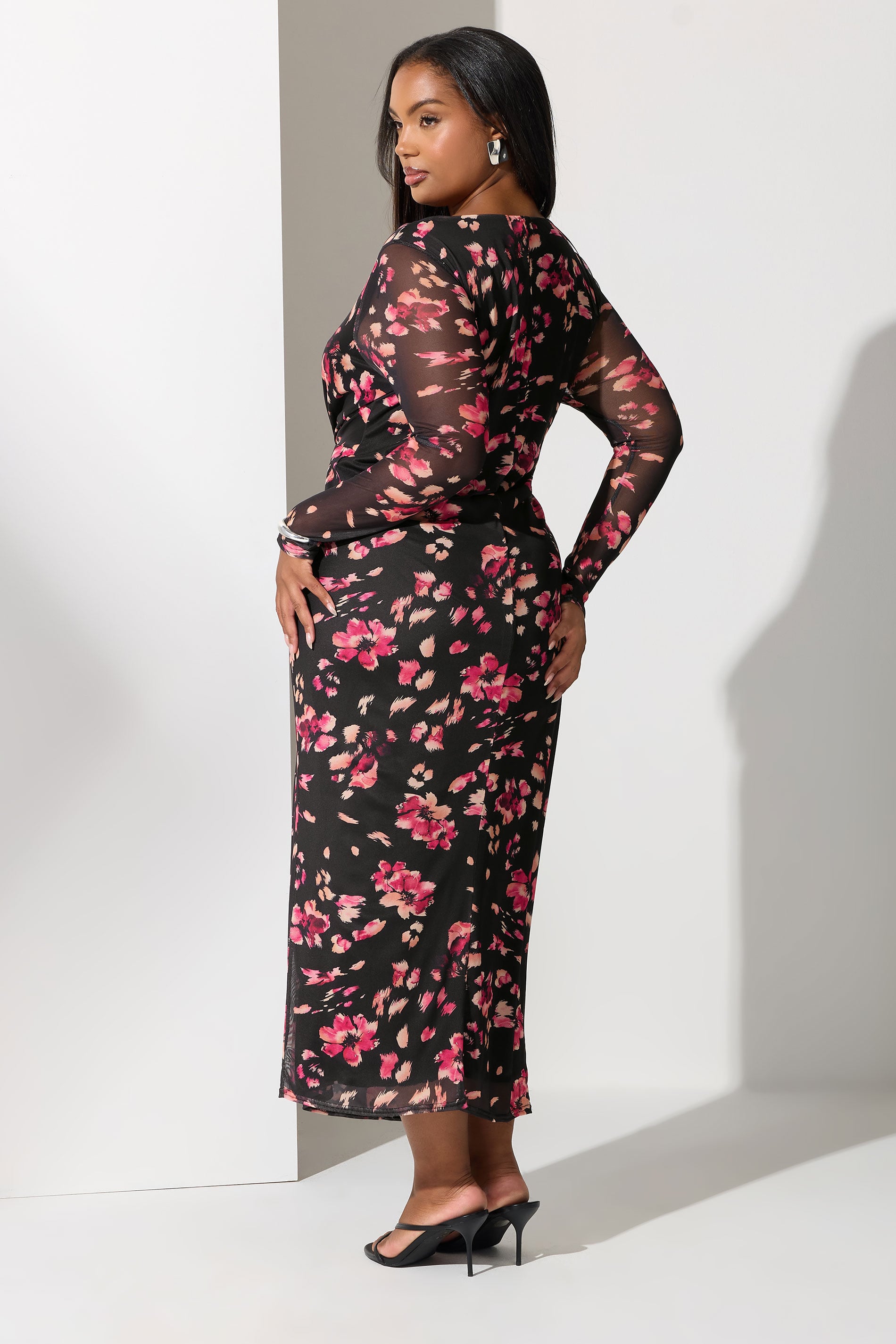 YOURS LONDON Plus Size Black Floral Mesh Side Knot Midi Dress | Yours Clothing 2
