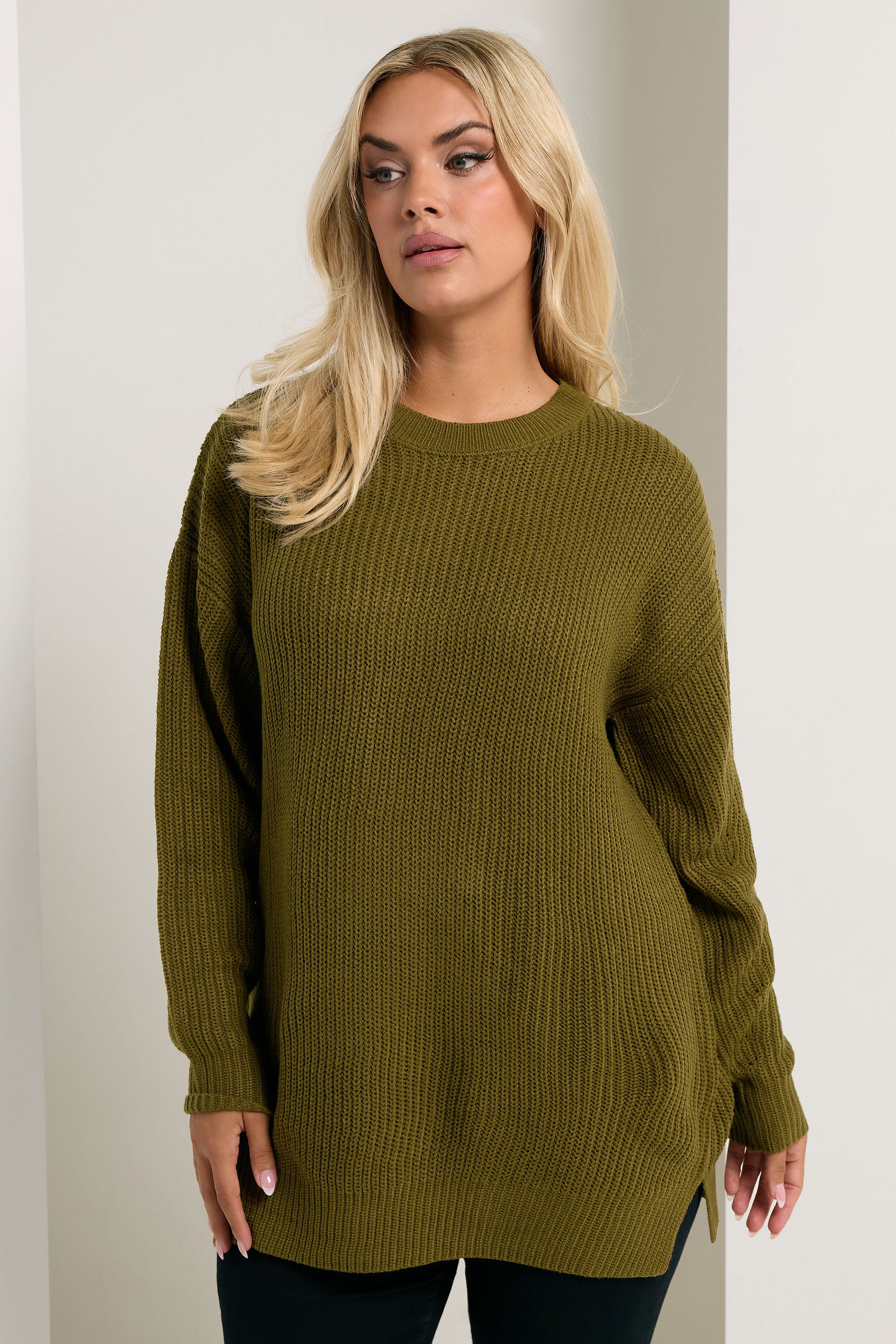 YOURS Plus Size Olive Green Drop Shoulder Jumper | Yours Clothing 3