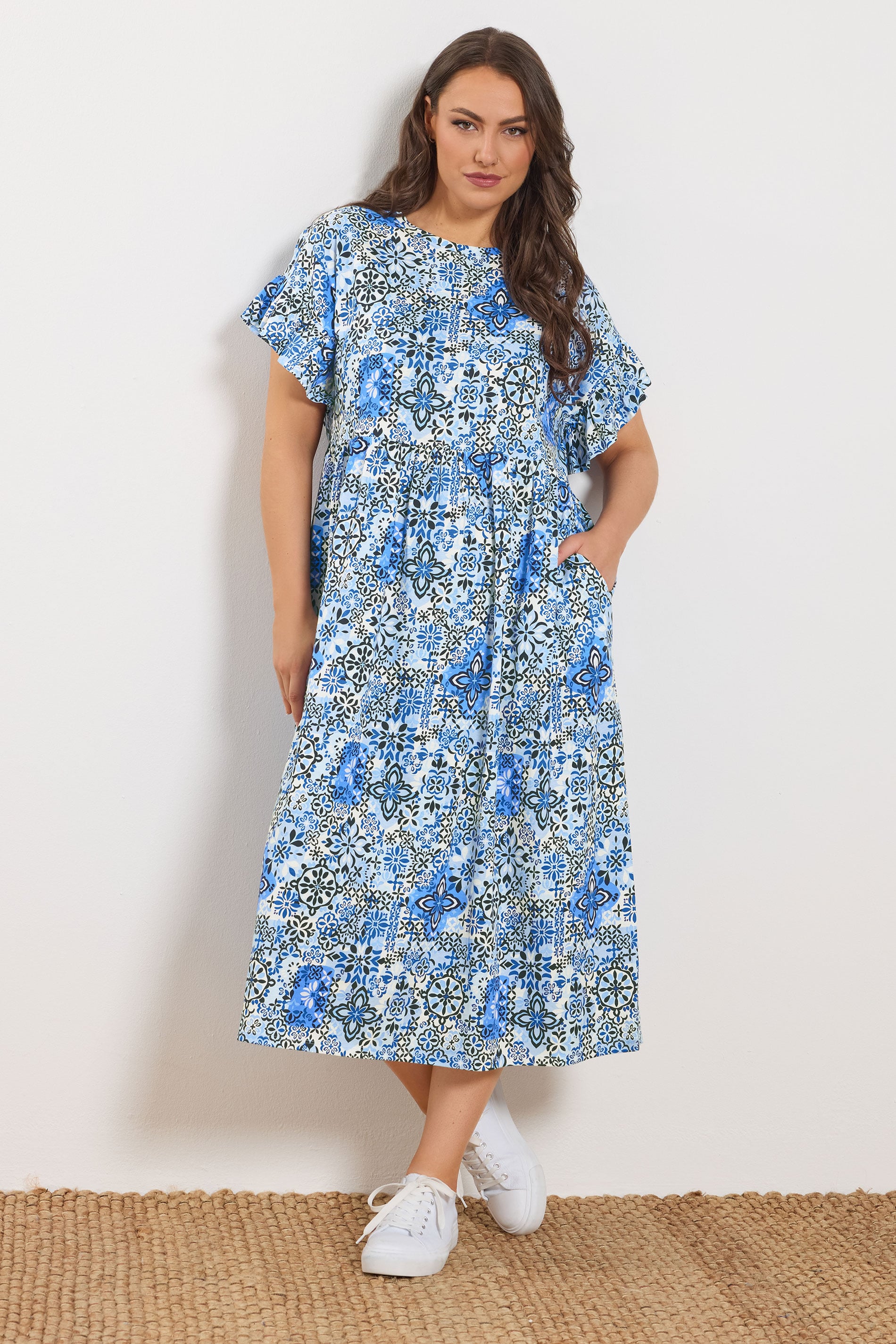 YOURS Plus Size Blue Abstract Mosaic Print Midi Dress | Yours Clothing 3