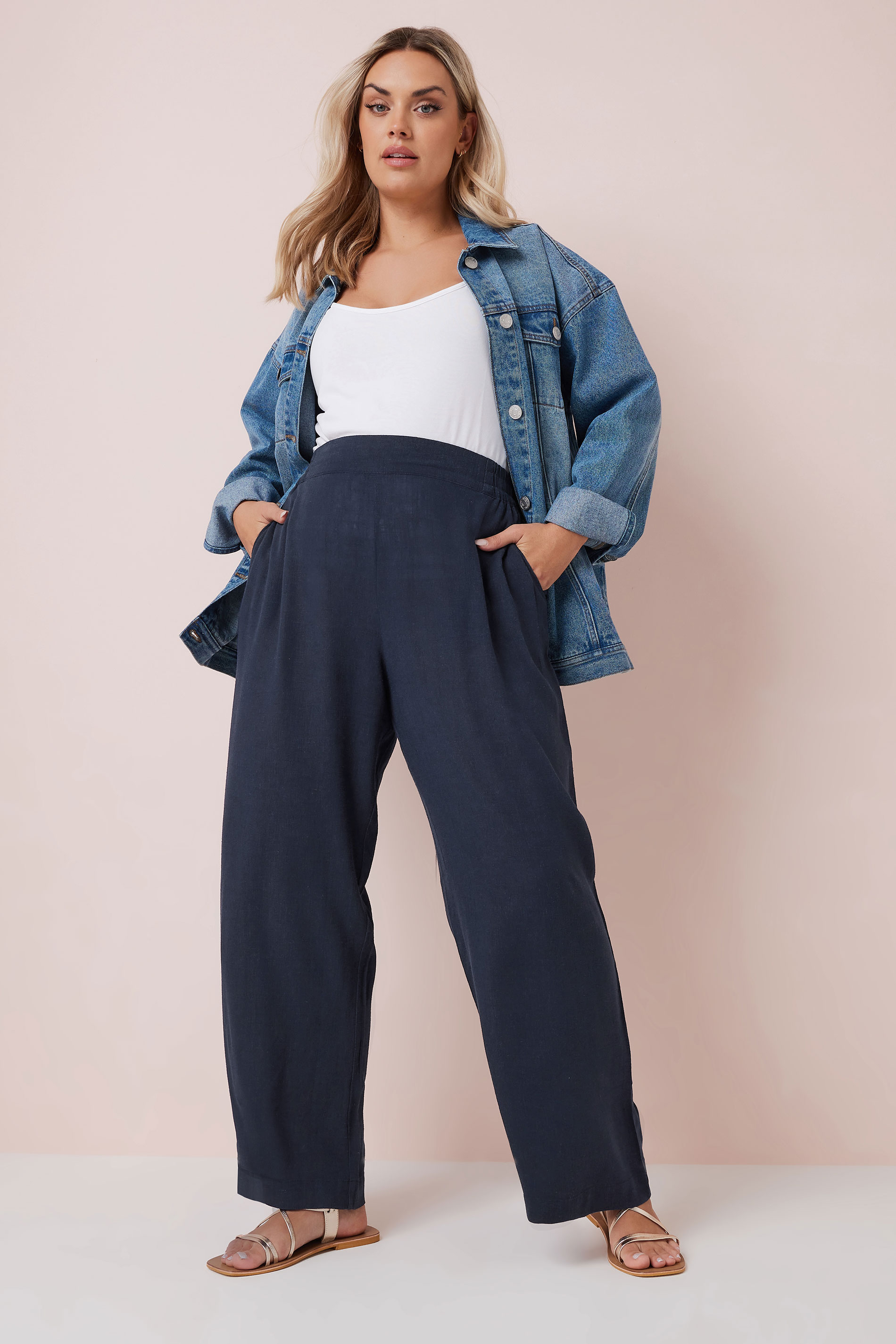 YOURS Plus Size Navy Blue Linen Wide Leg Trousers | Yours Clothing 1