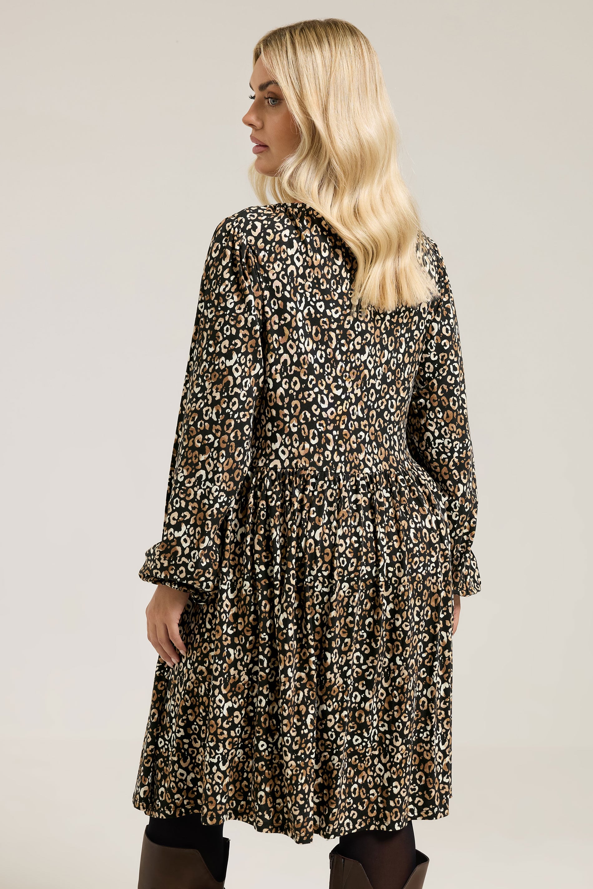 YOURS Plus Size Black Leopard Print Tie Neck Dress | Yours Clothing 2