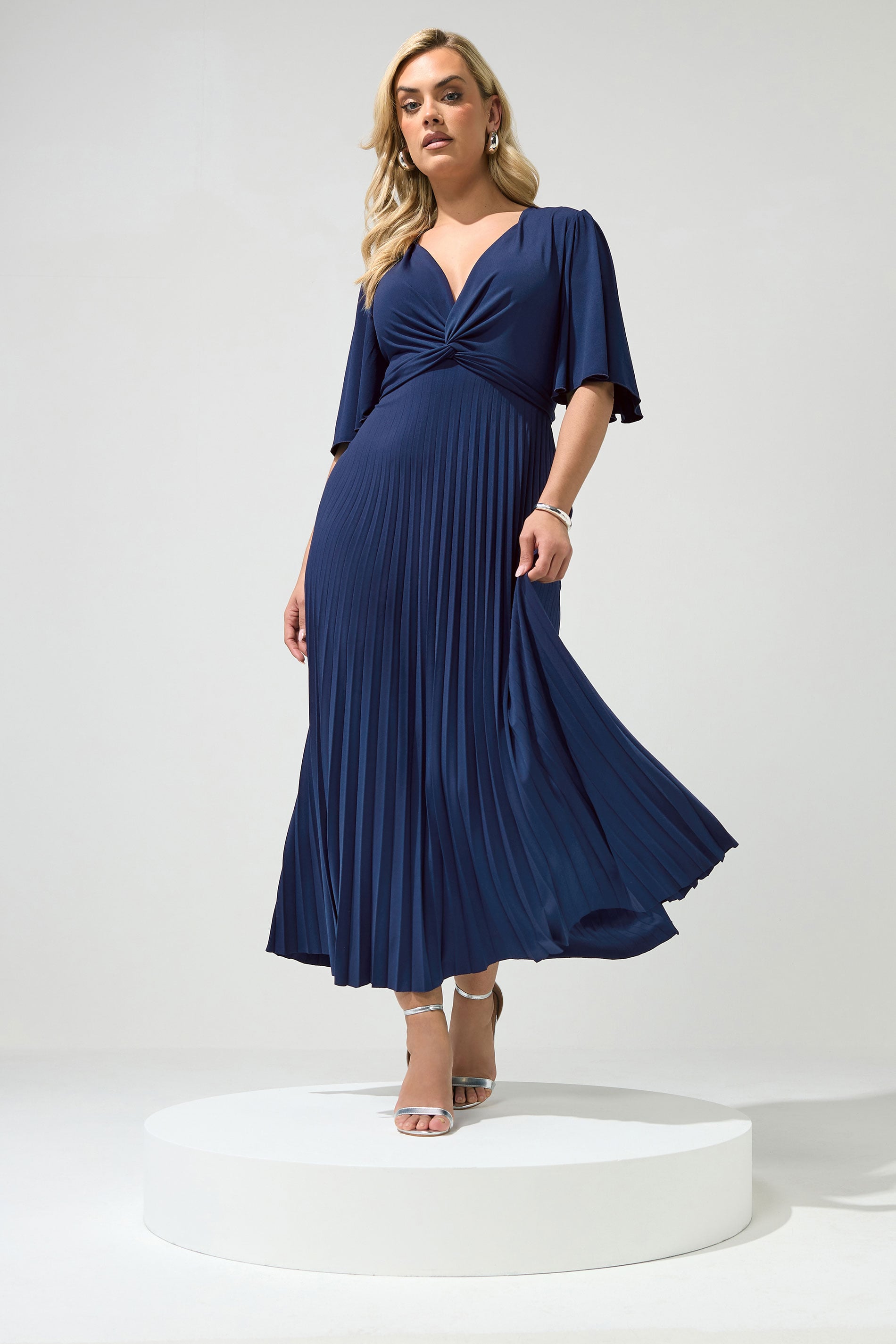 YOURS LONDON Curve Navy Blue Knot Pleated Maxi Dress | Yours Clothing 1