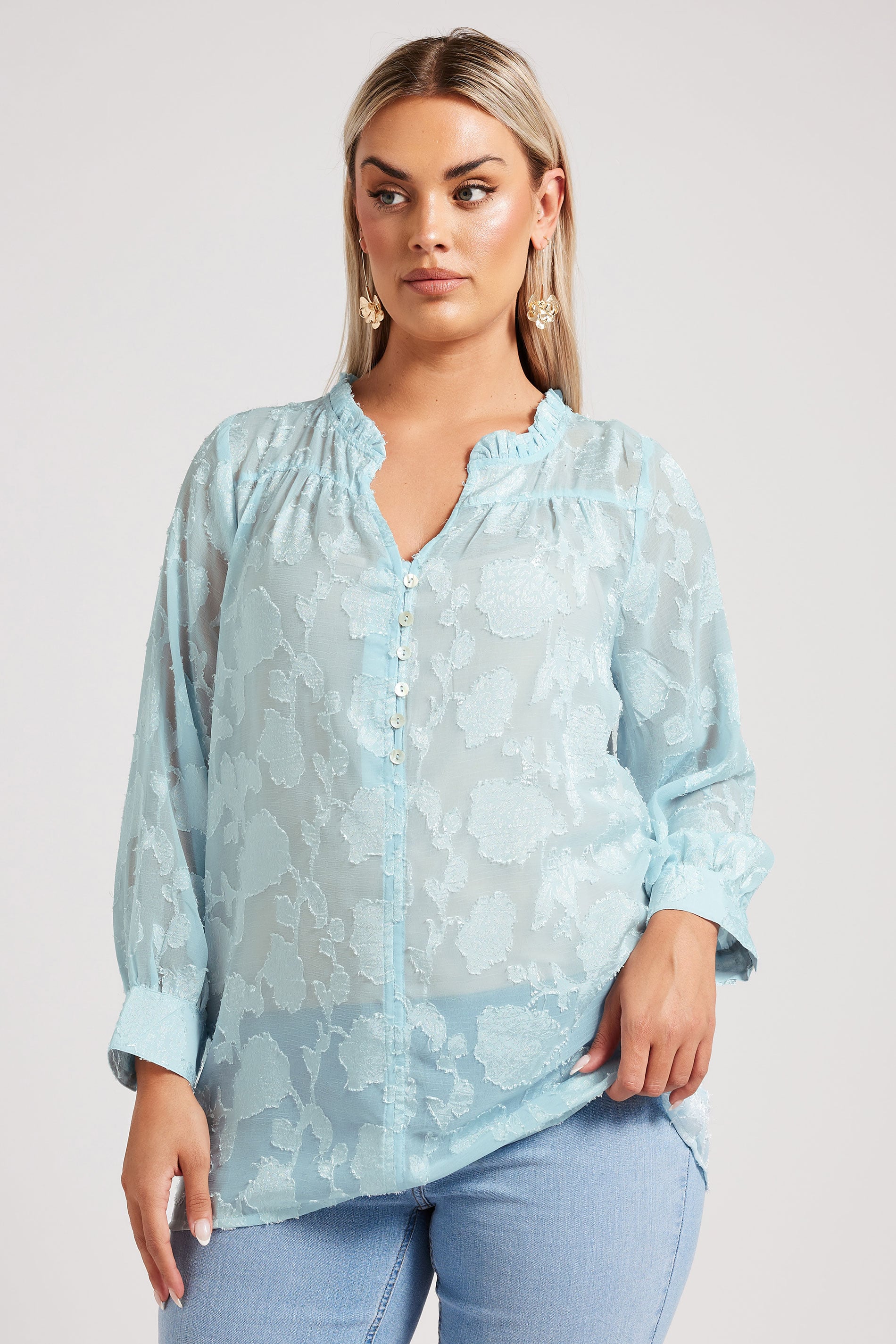 YOURS LONDON Plus Size Blue Floral Jacquard Burnout Blouse | Yours Clothing 3