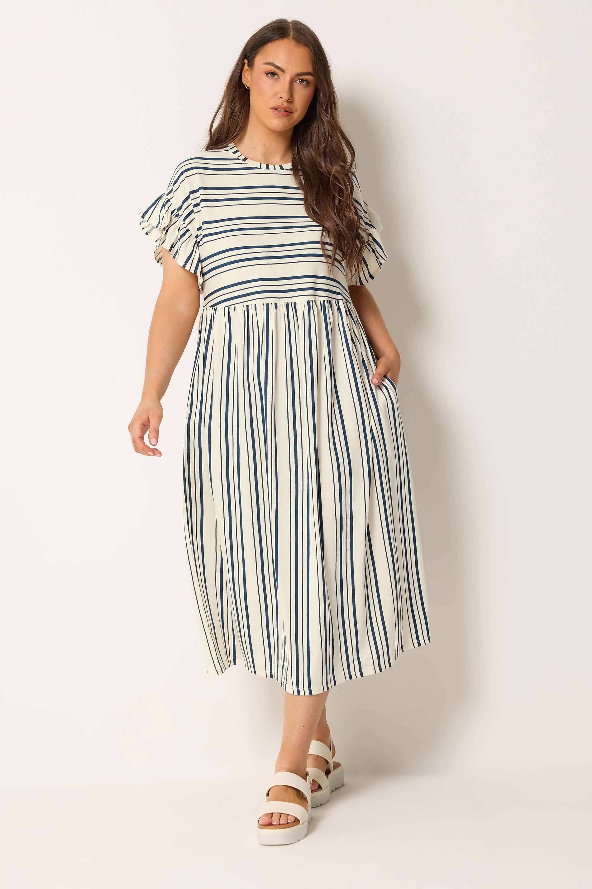 YOURS Plus Size Ivory White Stripe Frill Sleeve Dress | Yours Clothing 1