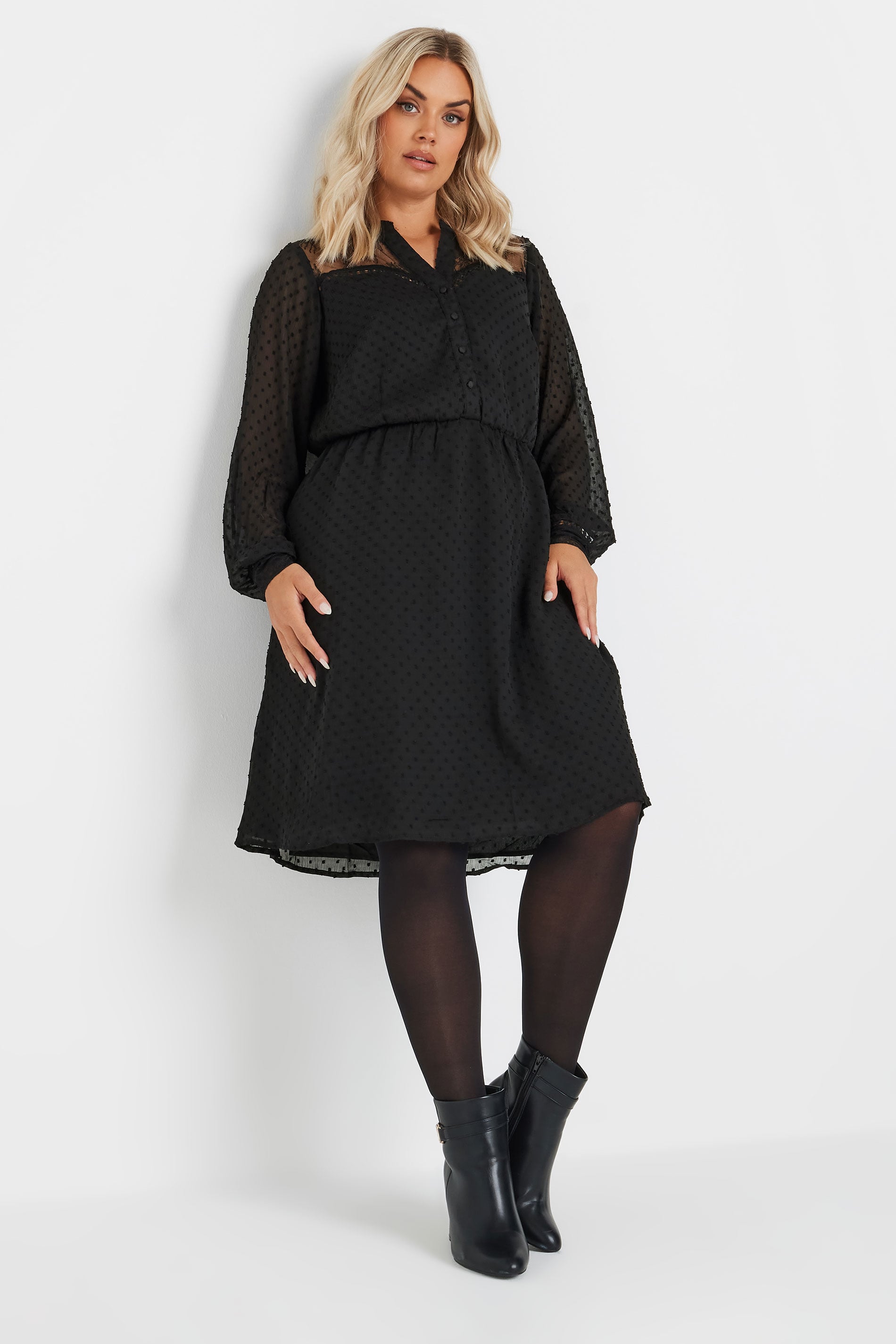 YOURS Plus Size Black Lace Dobby Midi Dress | Yours Clothing 3
