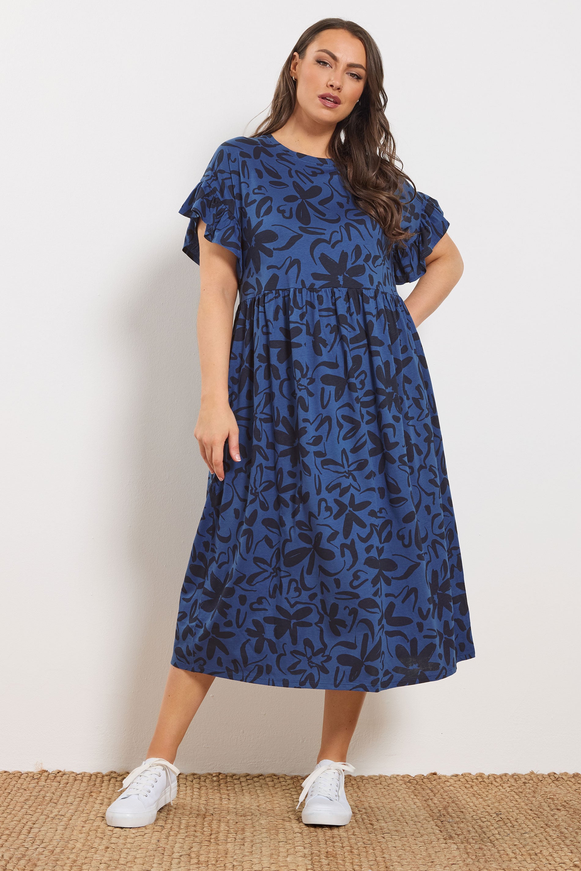 YOURS Plus Size Navy Blue Abstract Floral Midi Dress | Yours Clothing 1