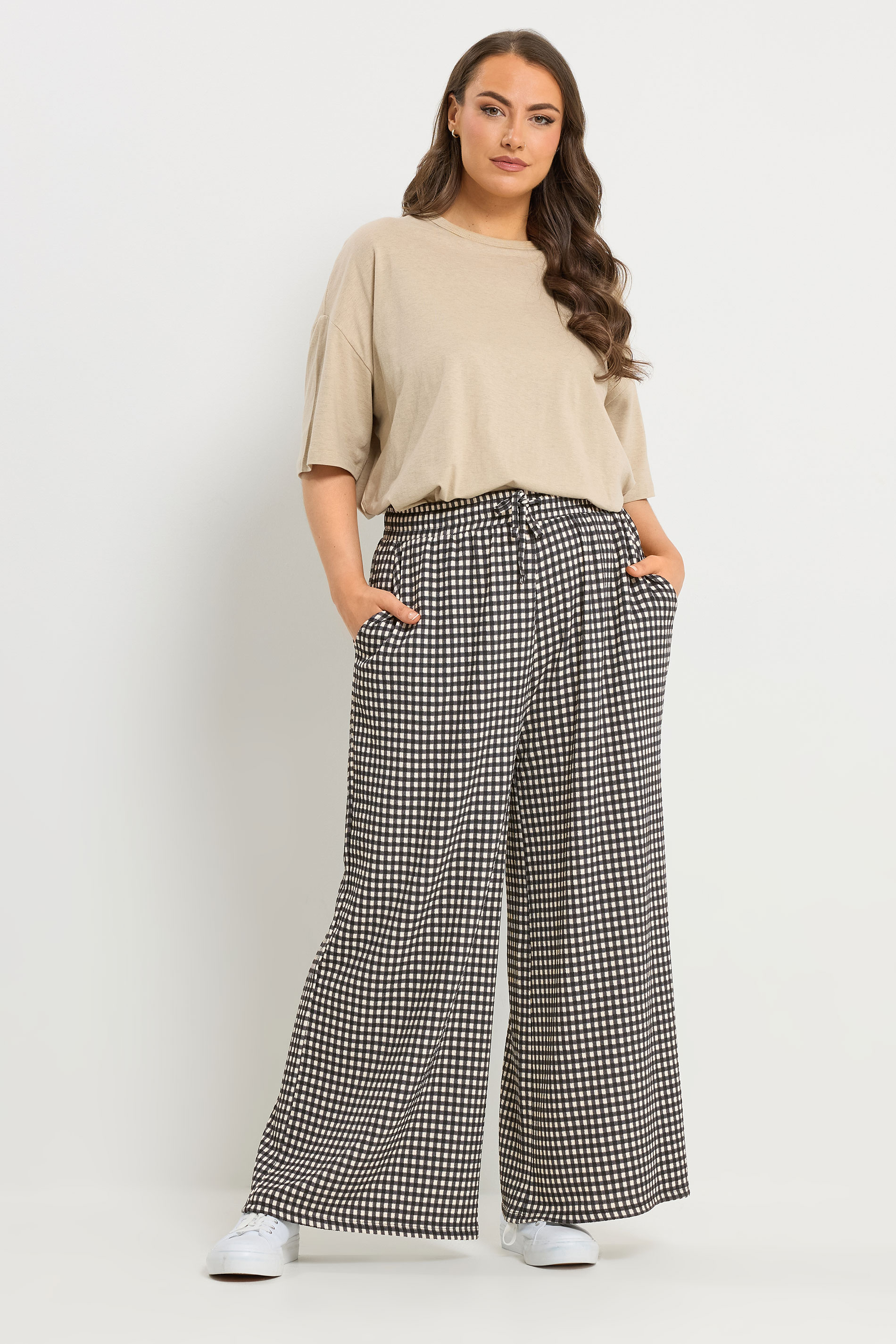 YOURS Plus Size Black Gingham Wide Leg Trousers | Yours Clothing 1